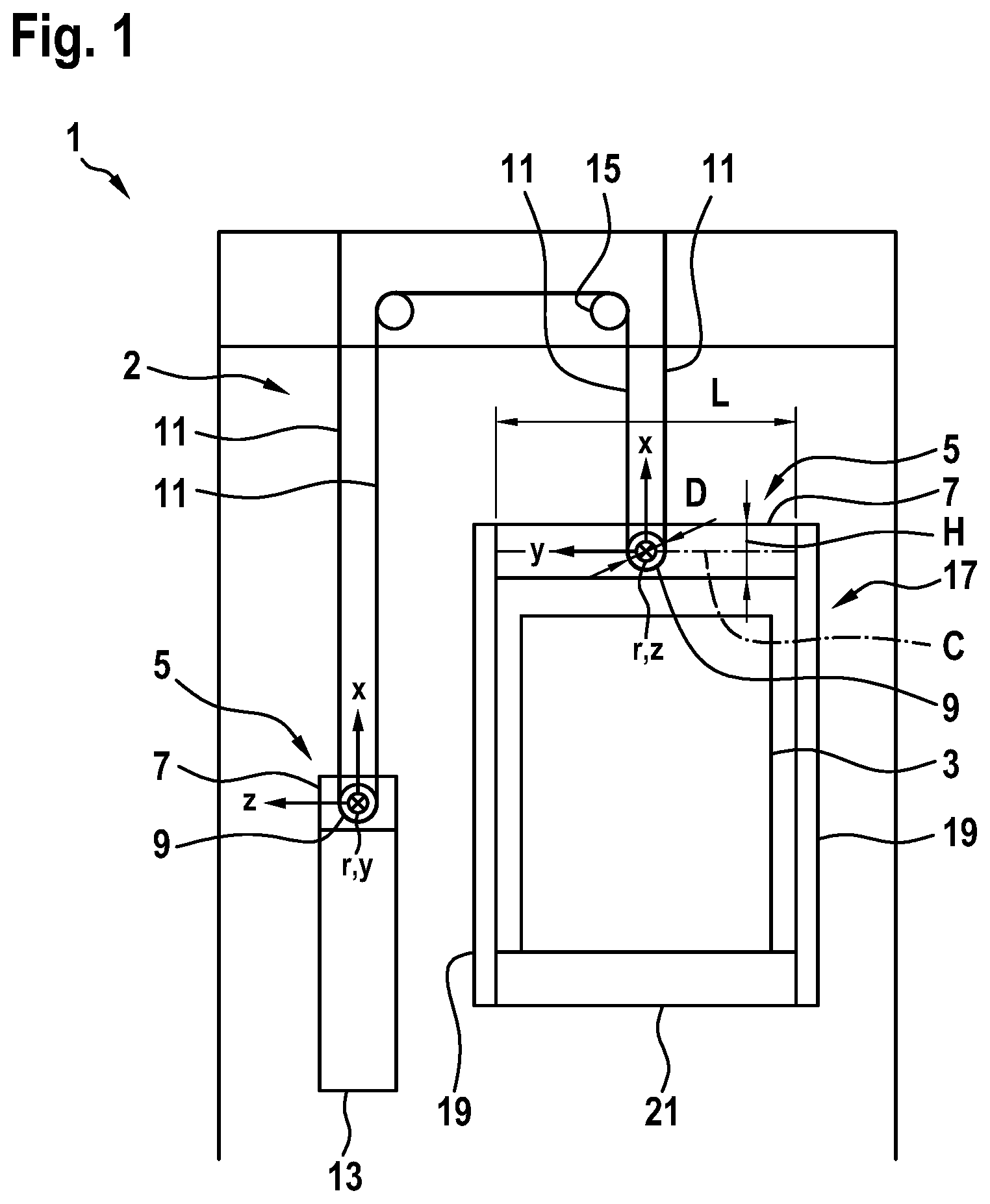 Patent US11814264 — Yoke assembly for suspending an elevator car or a counterweight in a shaft of an elevator — Figure 1