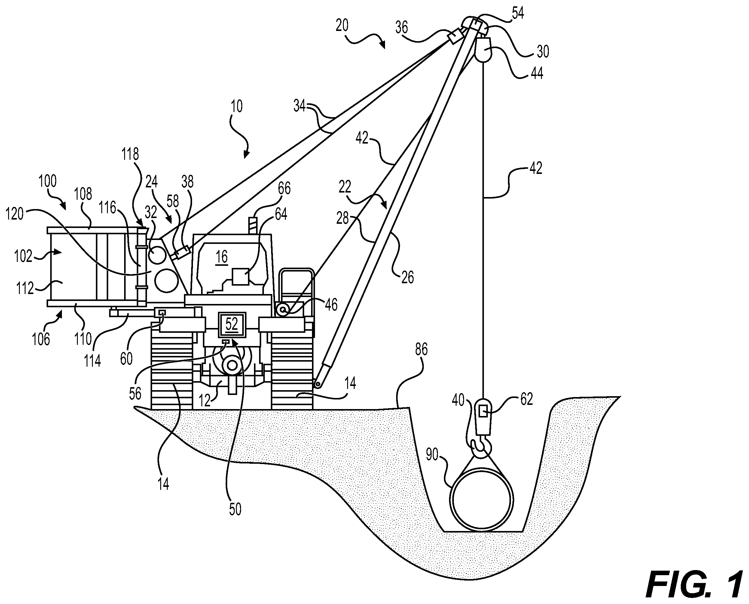 Patent US11814269 — Counterweight system for lifting machines — Figure 1