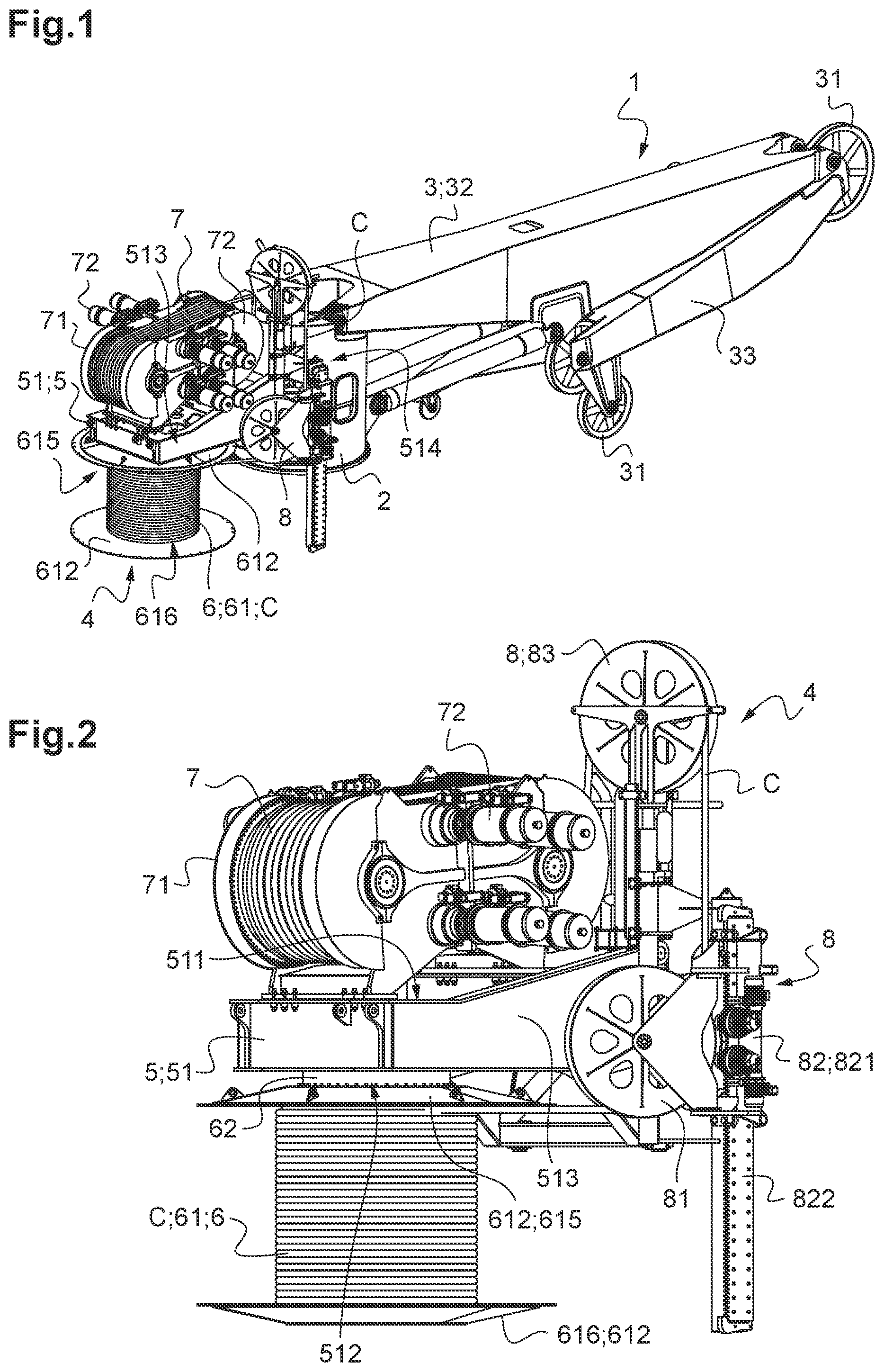 Patent US11814271 Figure 1 – System for the storage and traction of a cable, in particular a synthetic cable fitted to an offshore crane