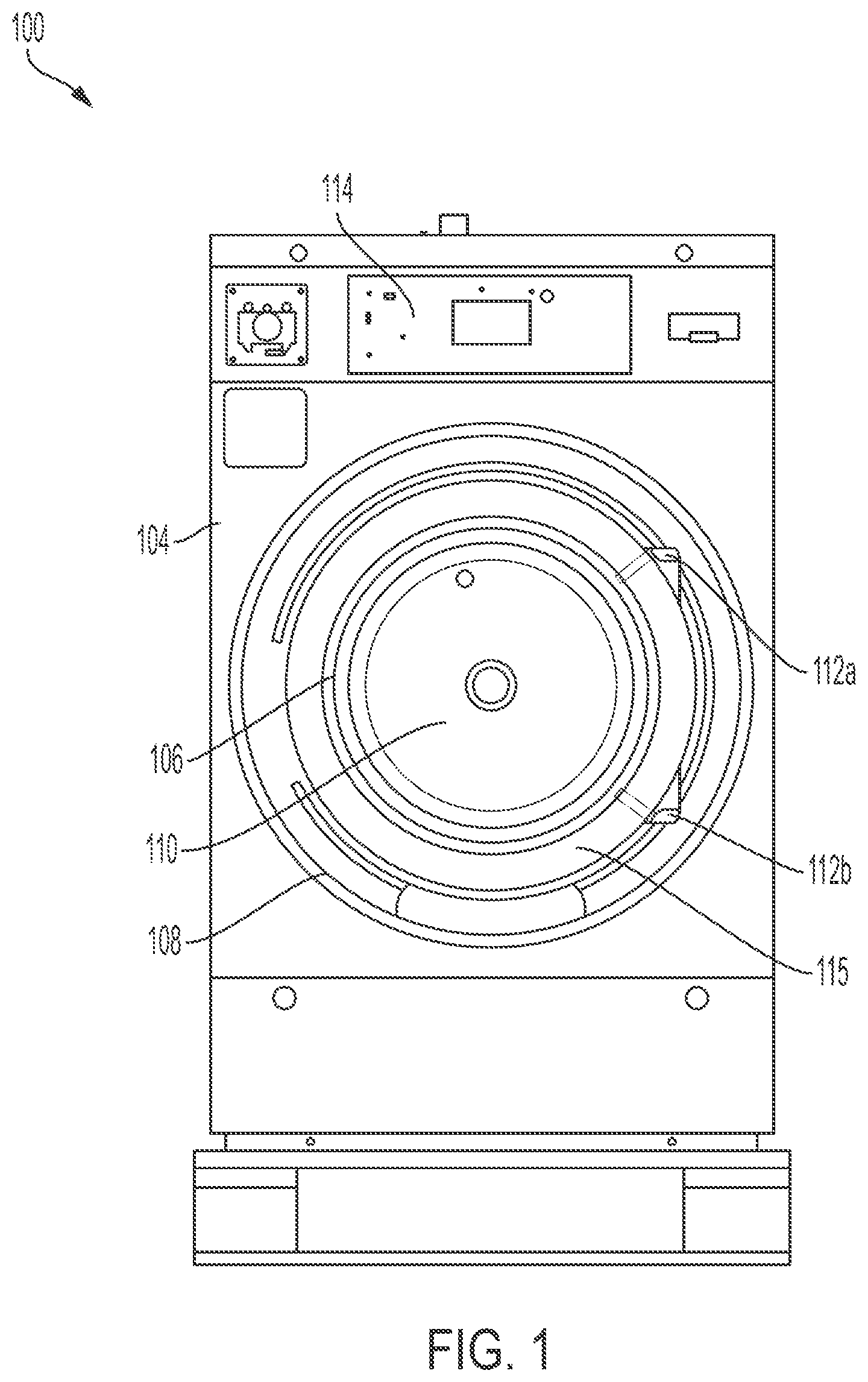 Patent US11814777 — Hinge system for touchless commercial appliances — Figure 1
