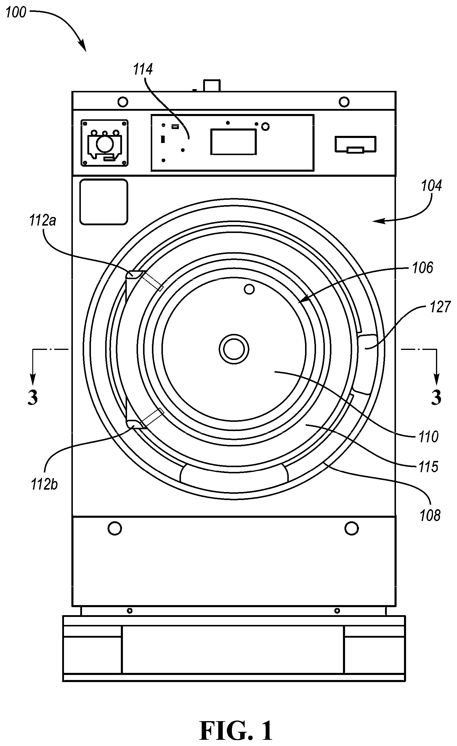 Patent US11814778 Figure 1 – Venting latch assembly for front-loading washing machine