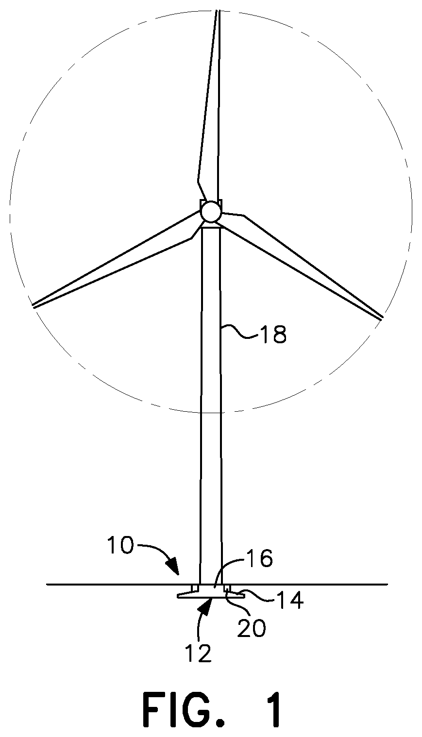 Patent US11814808 — Retrofit reinforcing structure addition and method for wind turbine concrete gravity spread foundations and the like — Figure 1