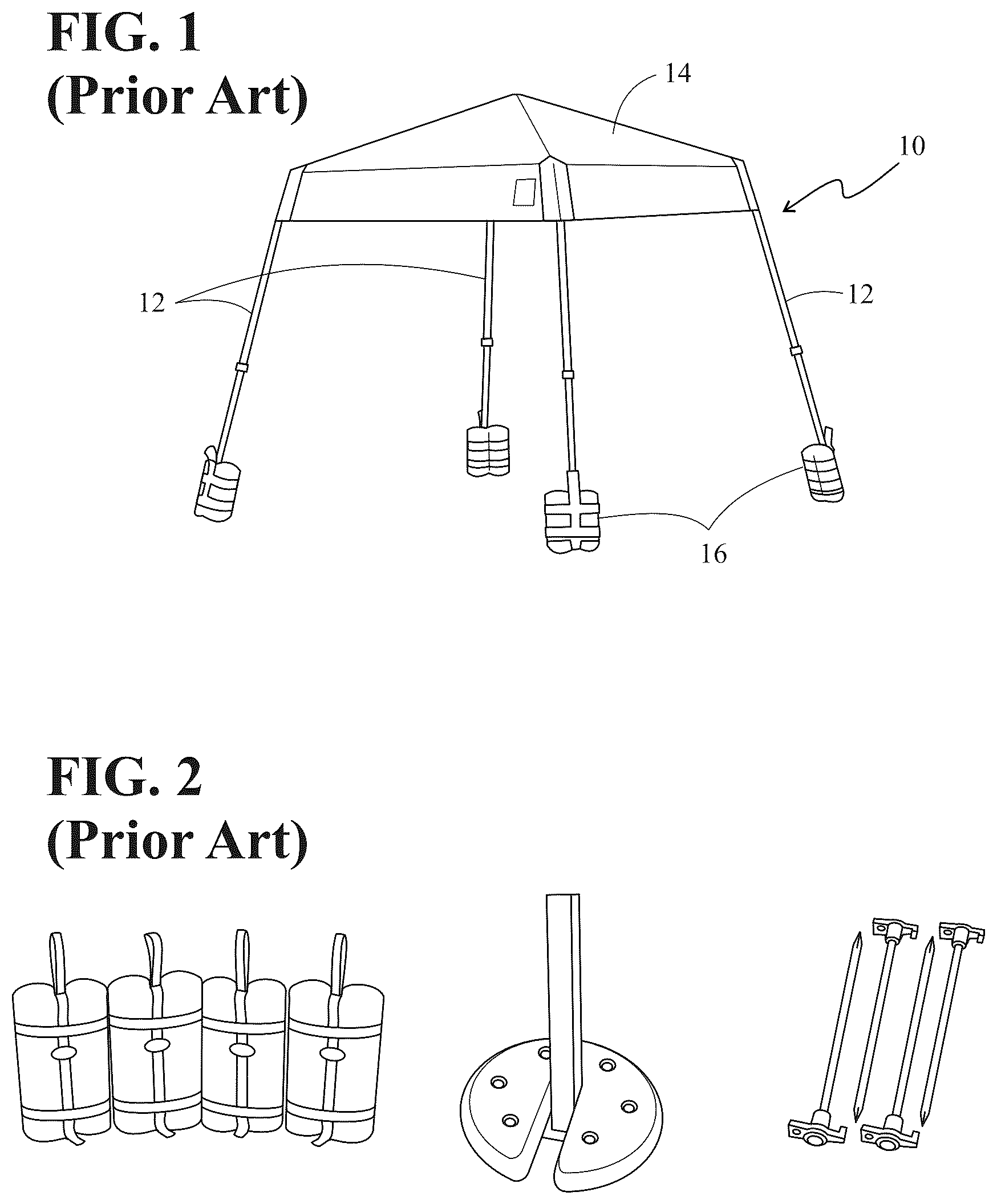 Patent US11814859 Figure 1 – Canopy leg weighting and merchandising apparatus