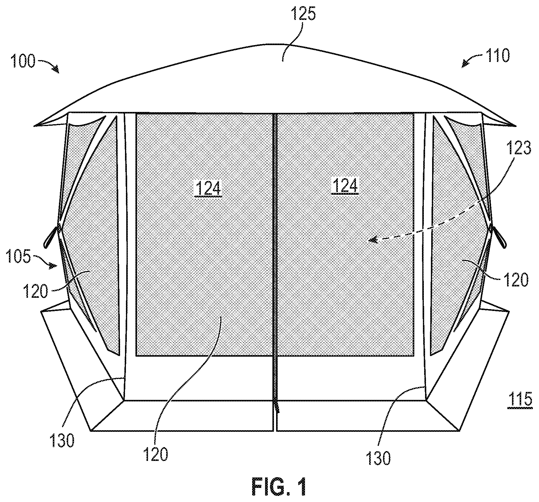 Patent US11814860 — Deployable and stowable roof structures for portable shelters, and associated methods — Figure 1