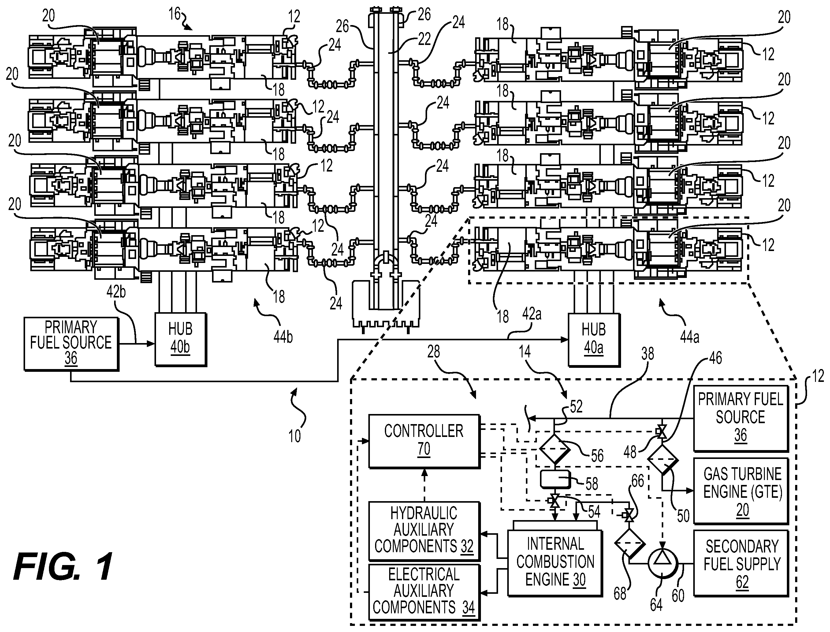 Patent US11814940 Figure 1 – Bi-fuel reciprocating engine to power direct drive turbine fracturing pumps onboard auxiliary systems and related methods