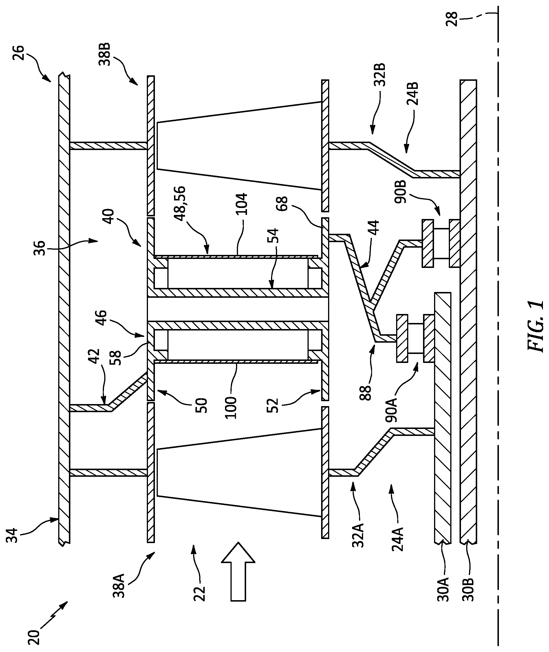 Patent US11814989 — Vane array structure for a hot section of a gas turbine engine — Figure 1
