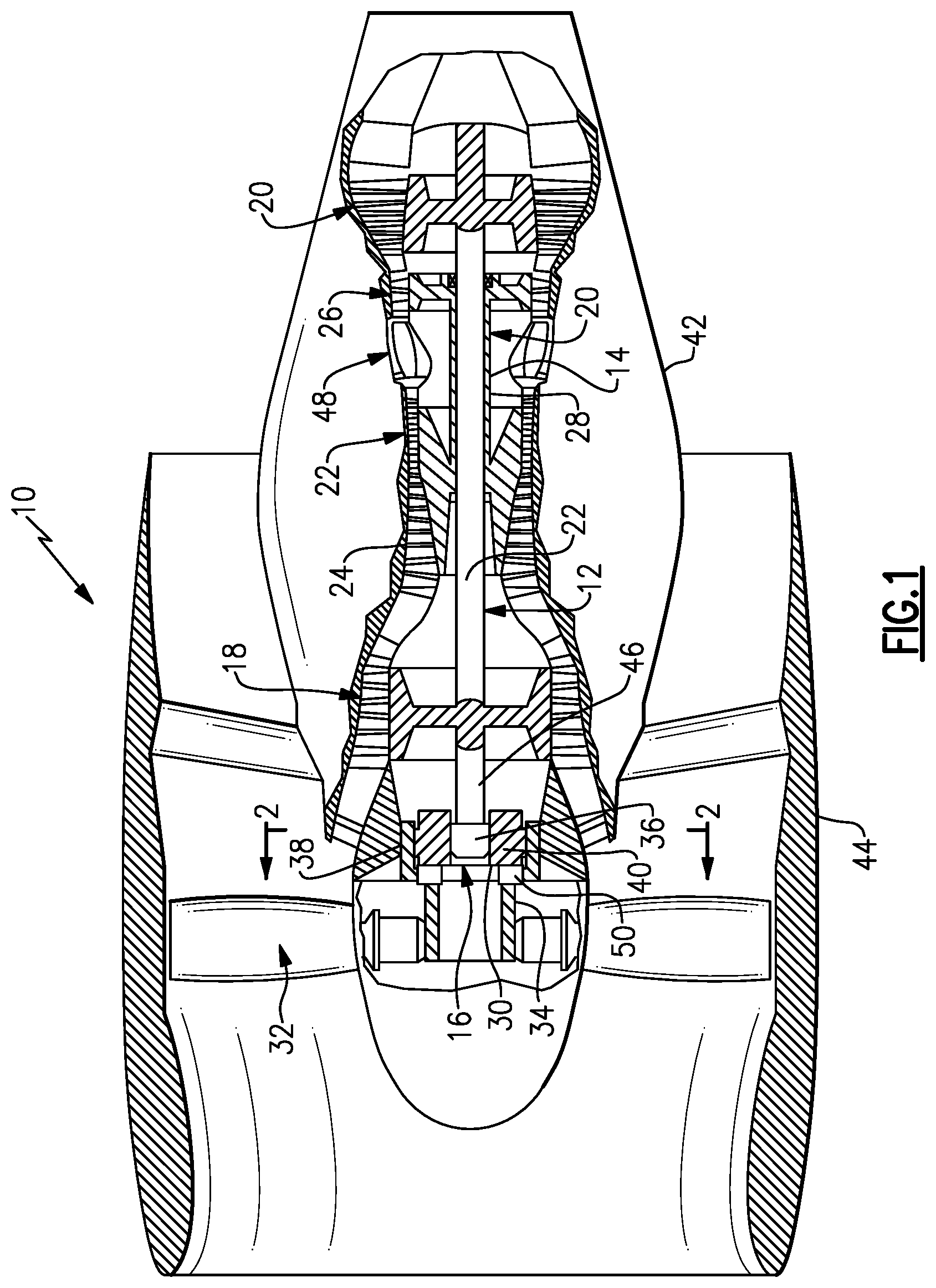Patent US11815001 — Planetary gear system arrangement with auxiliary oil system — Figure 1