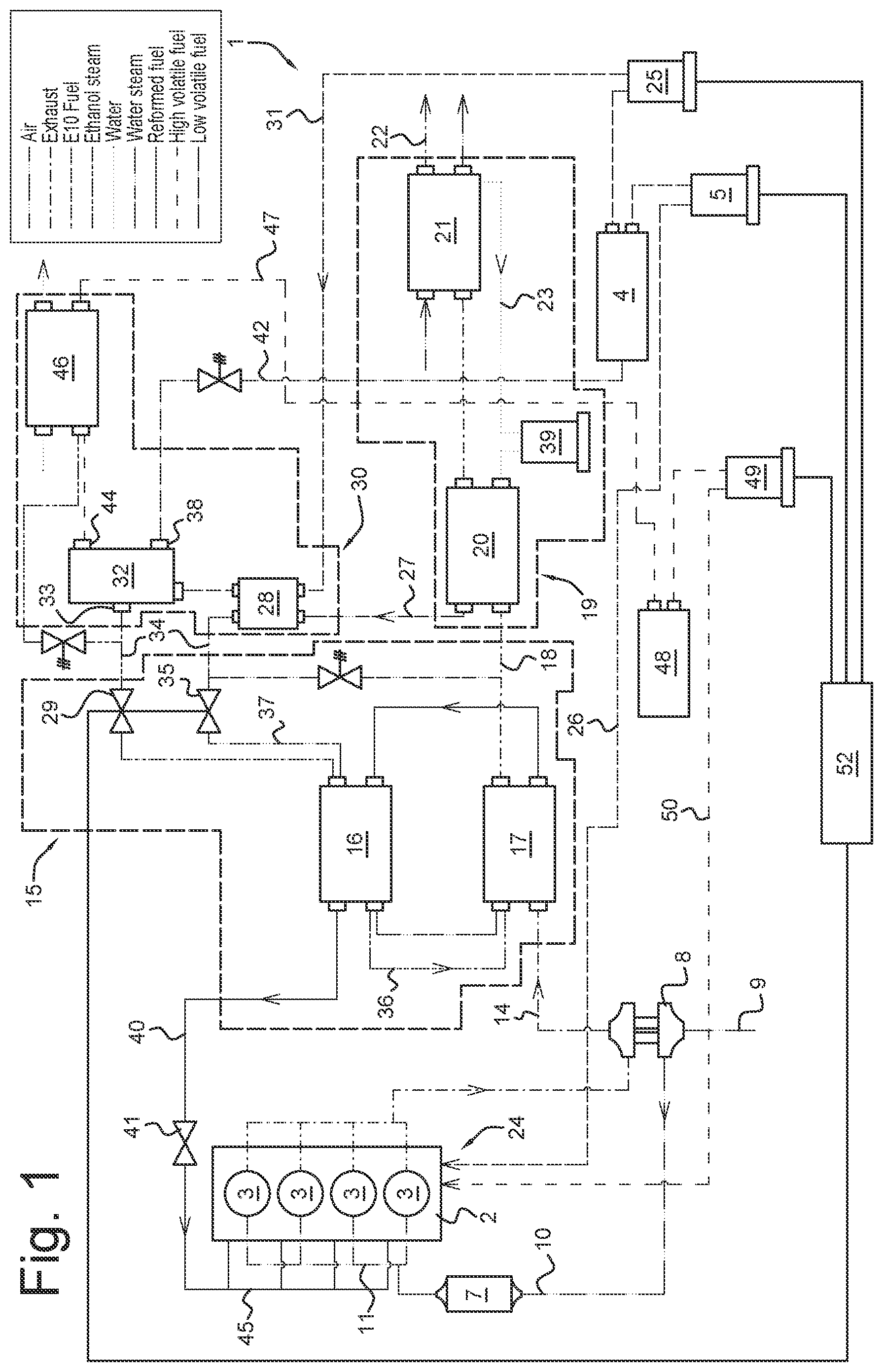 Patent US11815038 Figure 1 – Combustion engine with a fuel reformer and distiller assembly