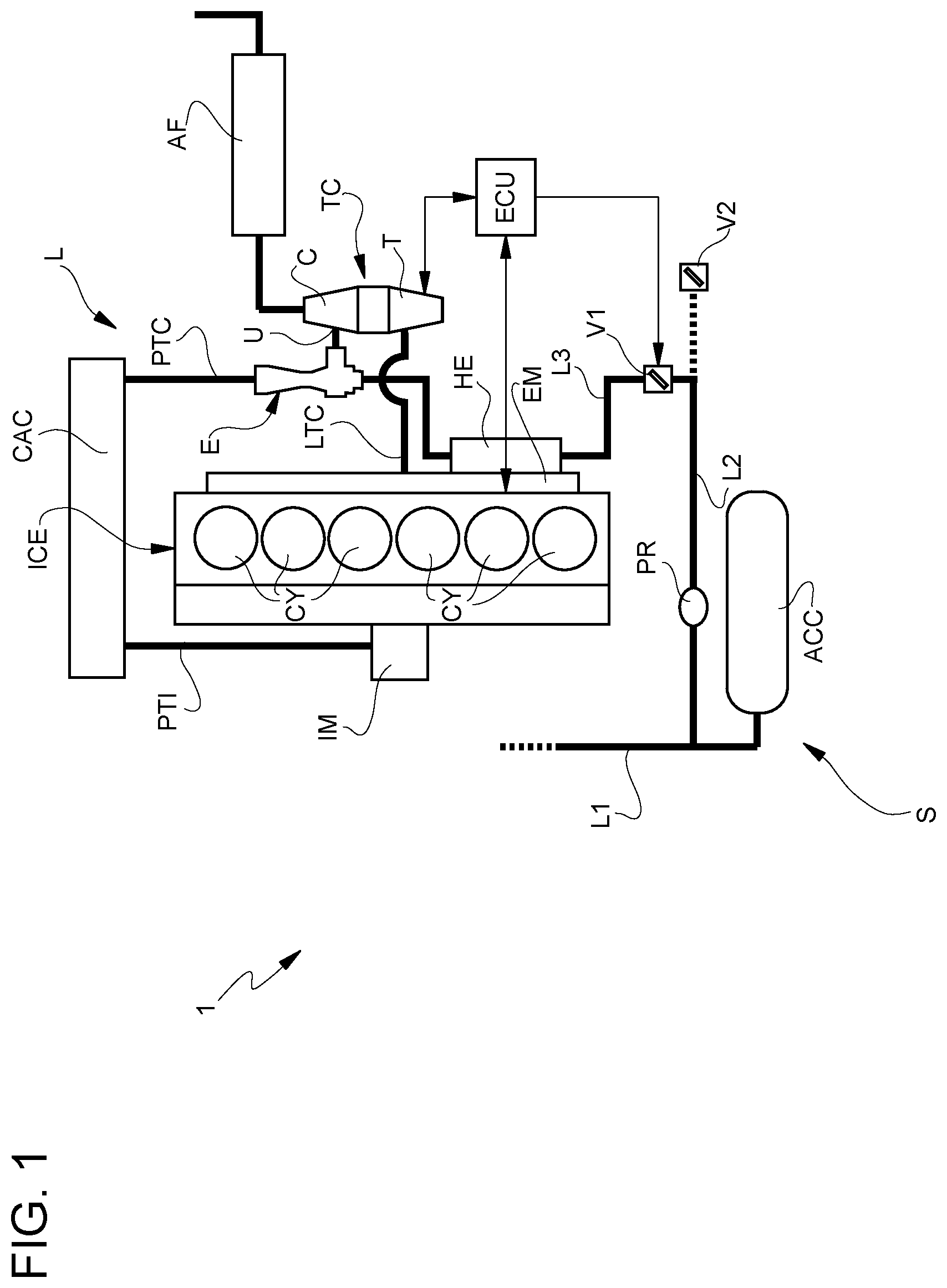 Patent US11815040 — Vehicle engine system provided with a turbocharger, and control method for controlling such engine system — Figure 1