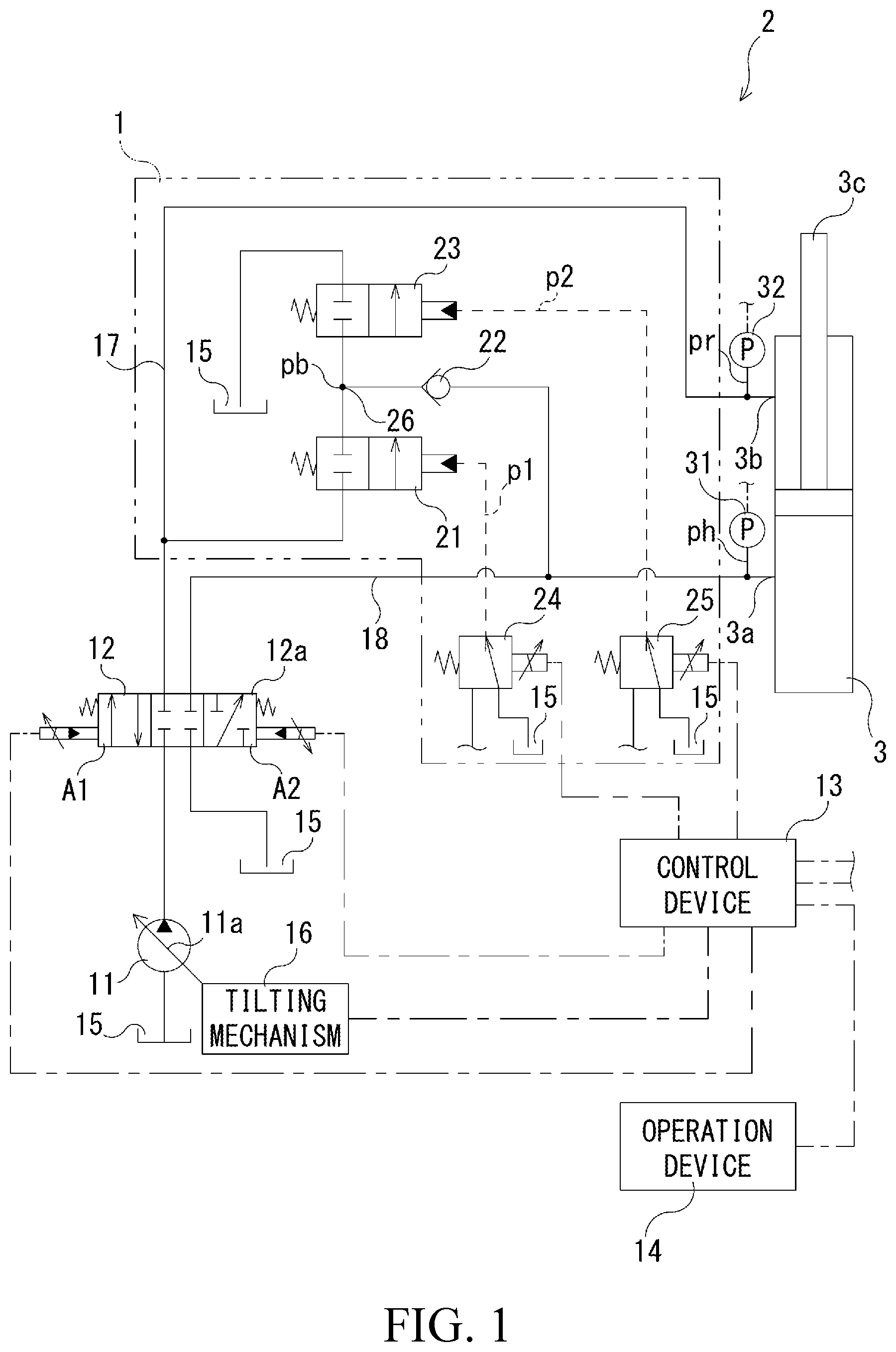 Patent US11815109 — Regeneration device, hydraulic drive system equipped with same, and control device therefor — Figure 1