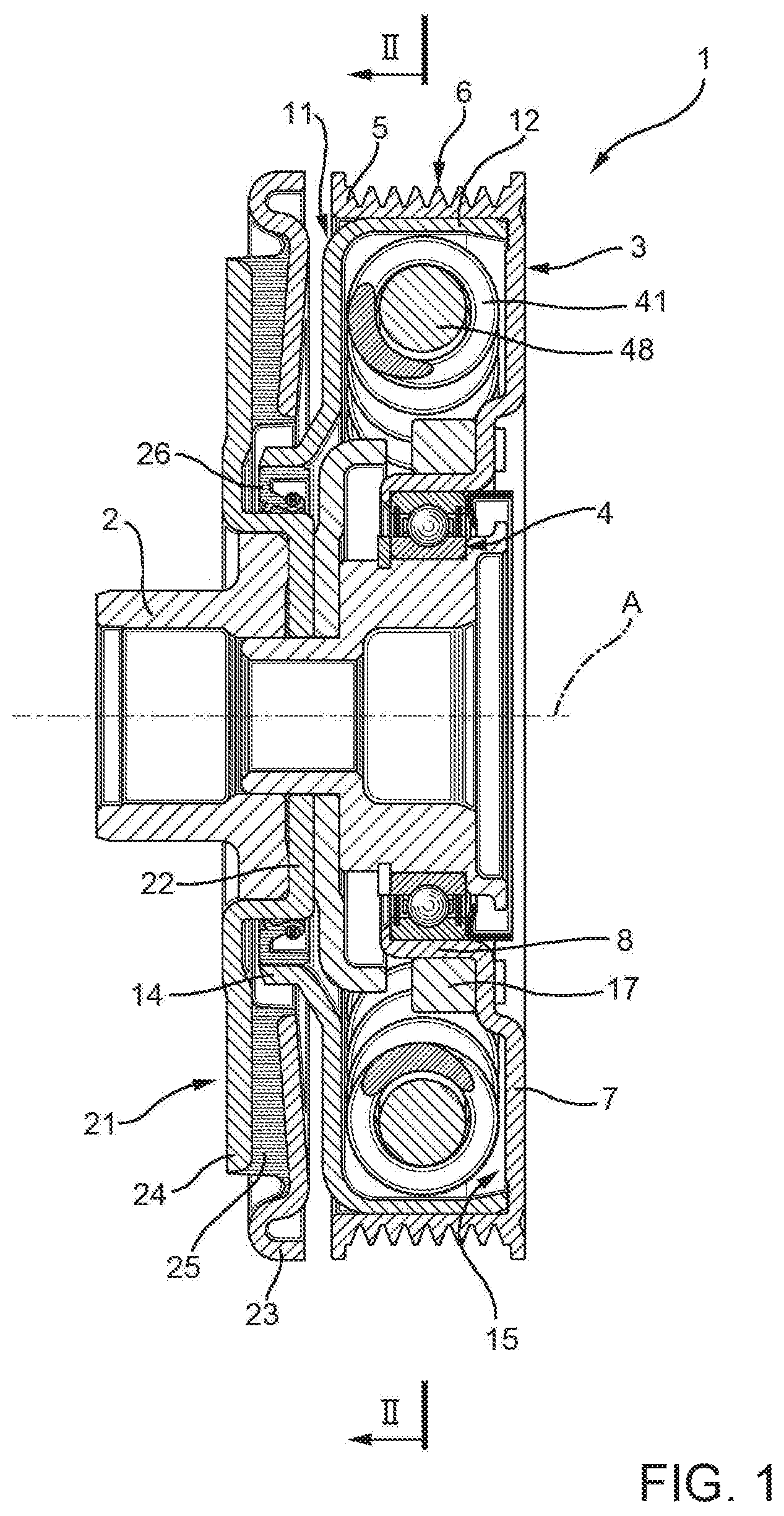 Patent US11815172 — Filtering pulley — Figure 1
