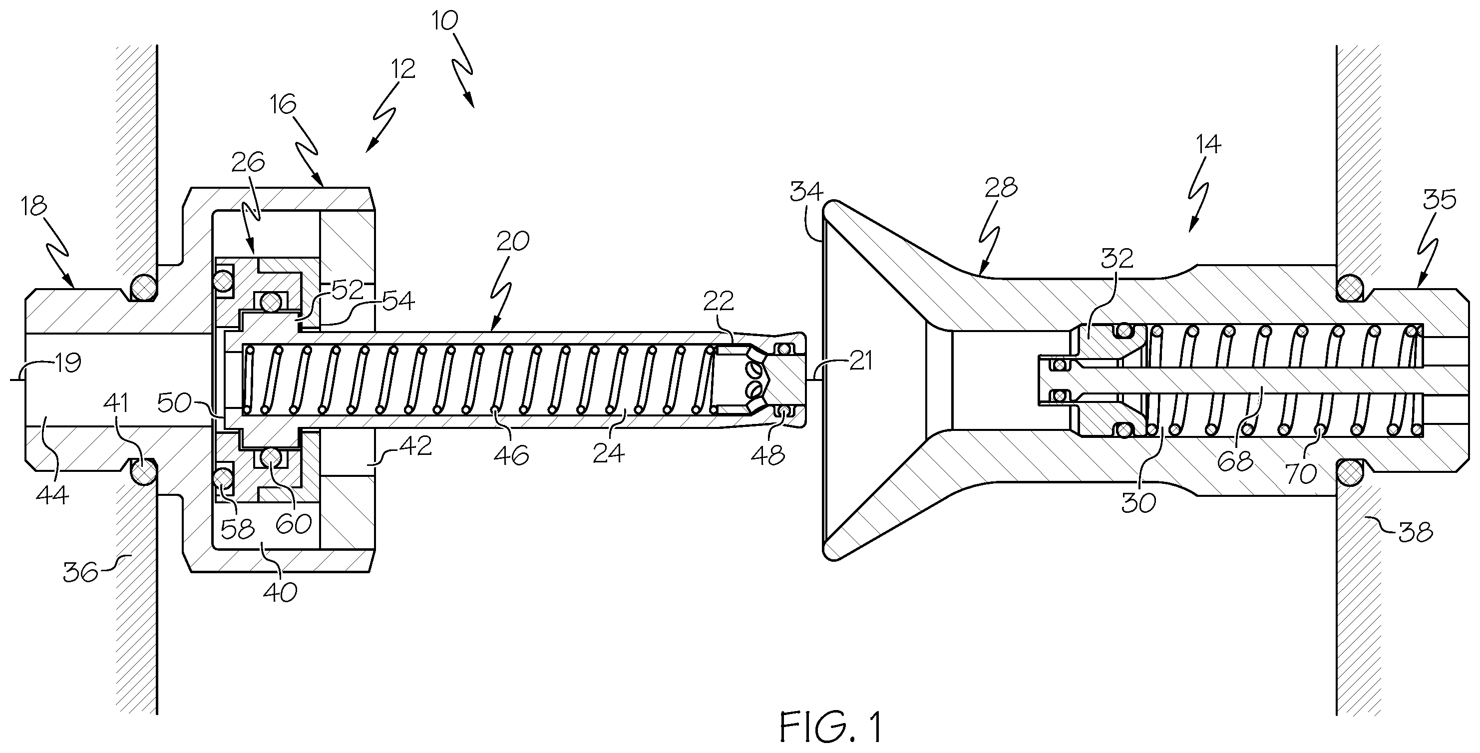 Patent US11815214 — Blind mate fluid coupling with misalignment compensation — Figure 1