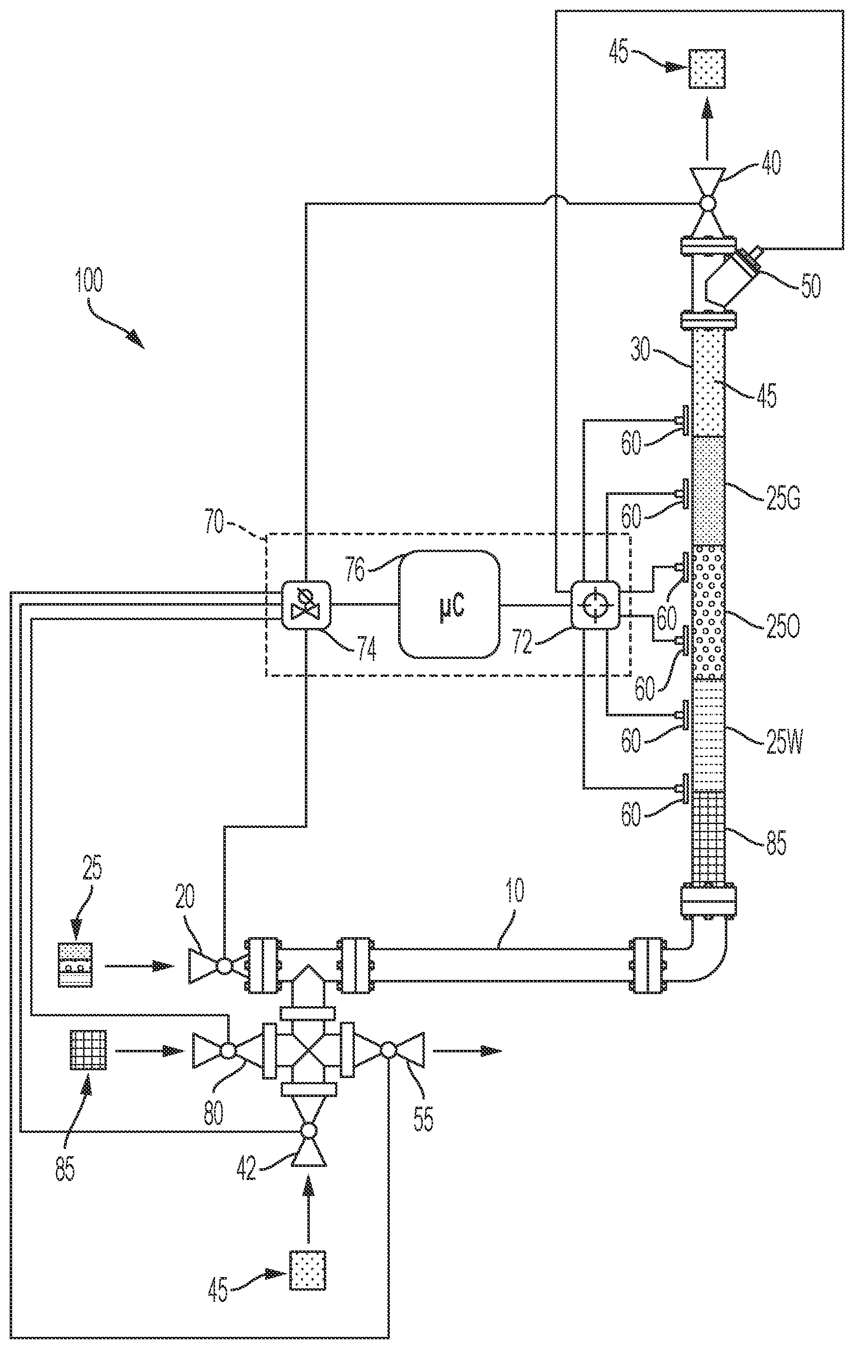 Patent US11815229 Figure 1 – Systems and methods for volume fraction analysis of production fluids utilizing a vertically oriented fluidic separation chamber comprising an optically transparent pipe