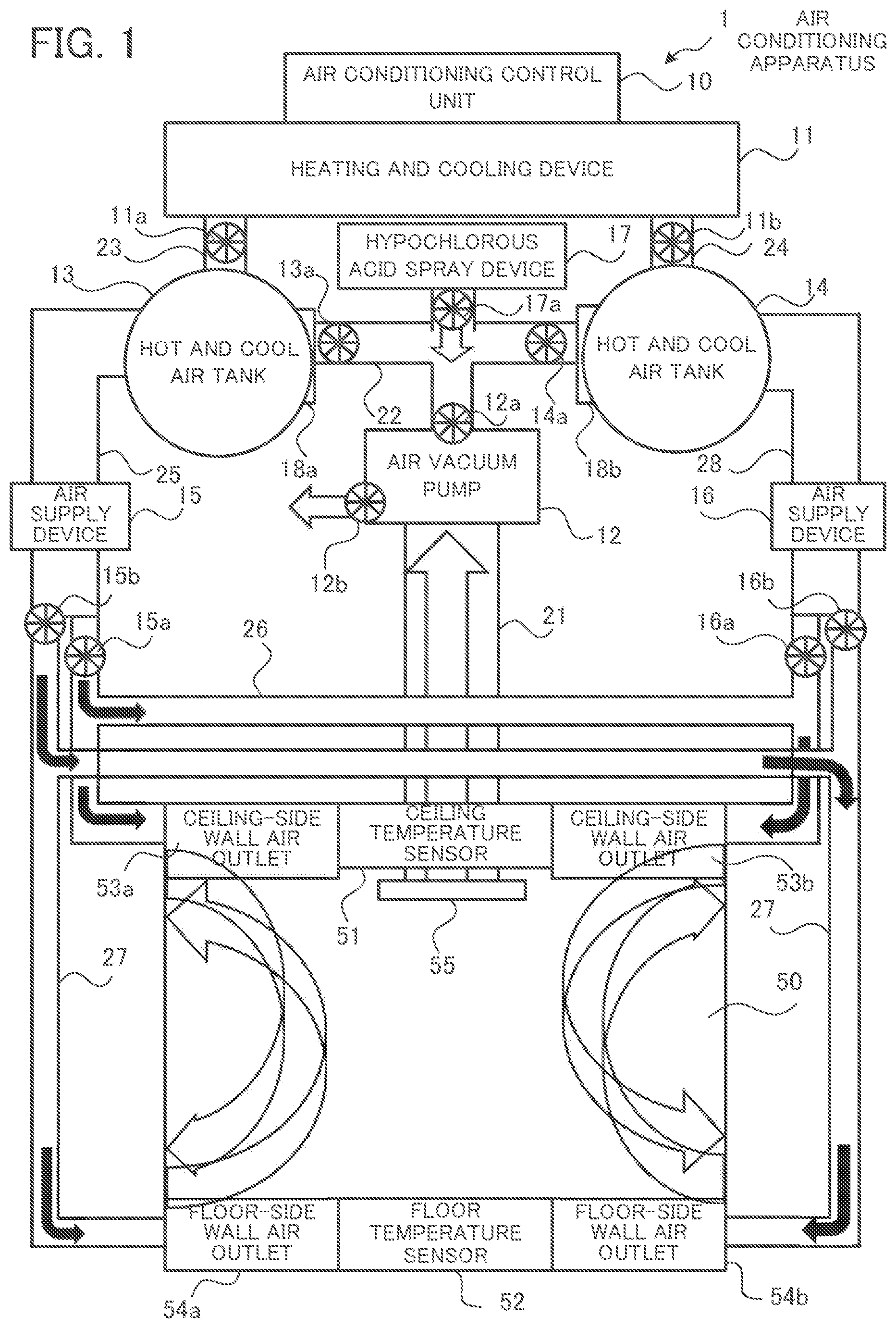 Patent US11815278 — Air conditioning apparatus and air conditioning method and neutralizing virus and bacteria in a room — Figure 1