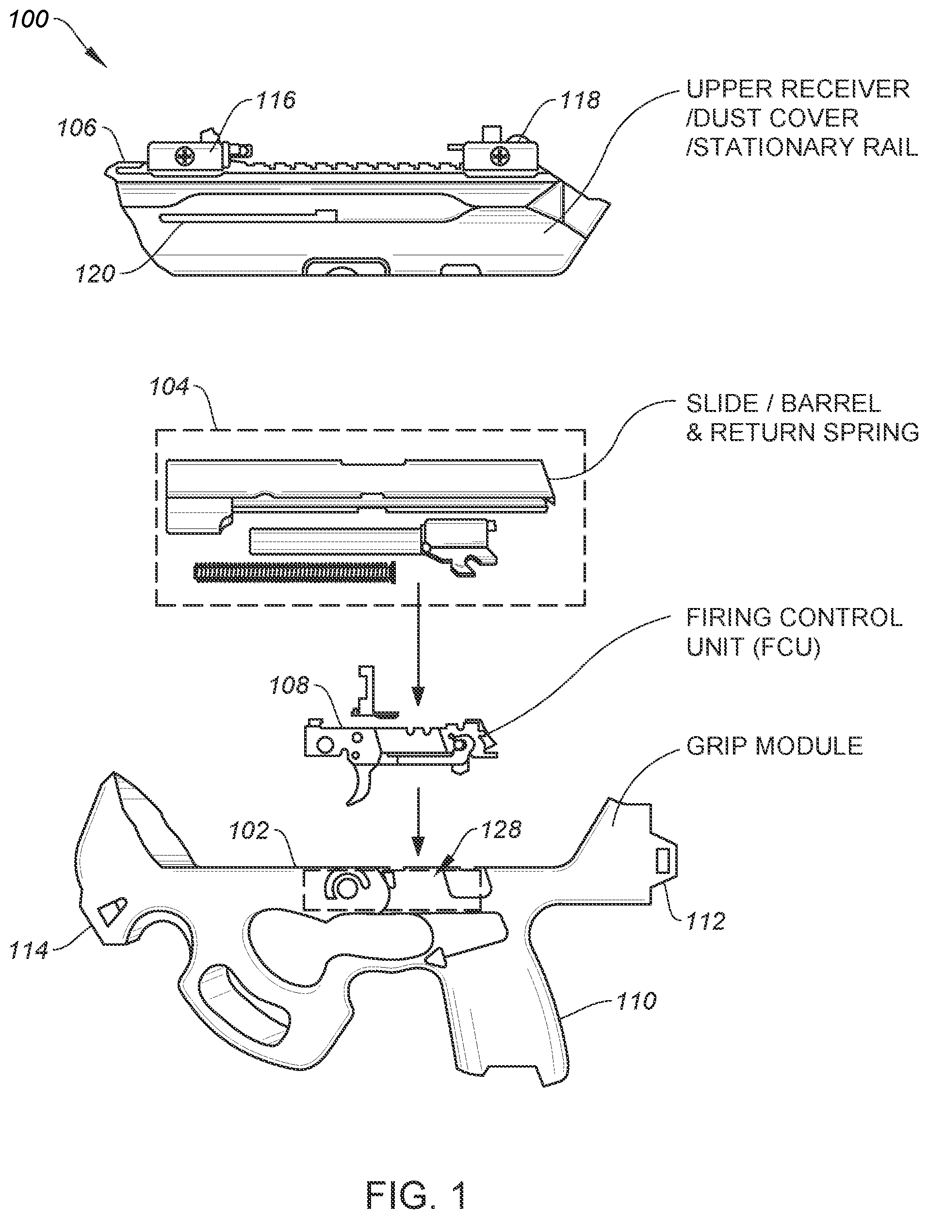 Patent US11815322 — Method and apparatus for providing a module for firearm modification via an existing firing control unit — Figure 1