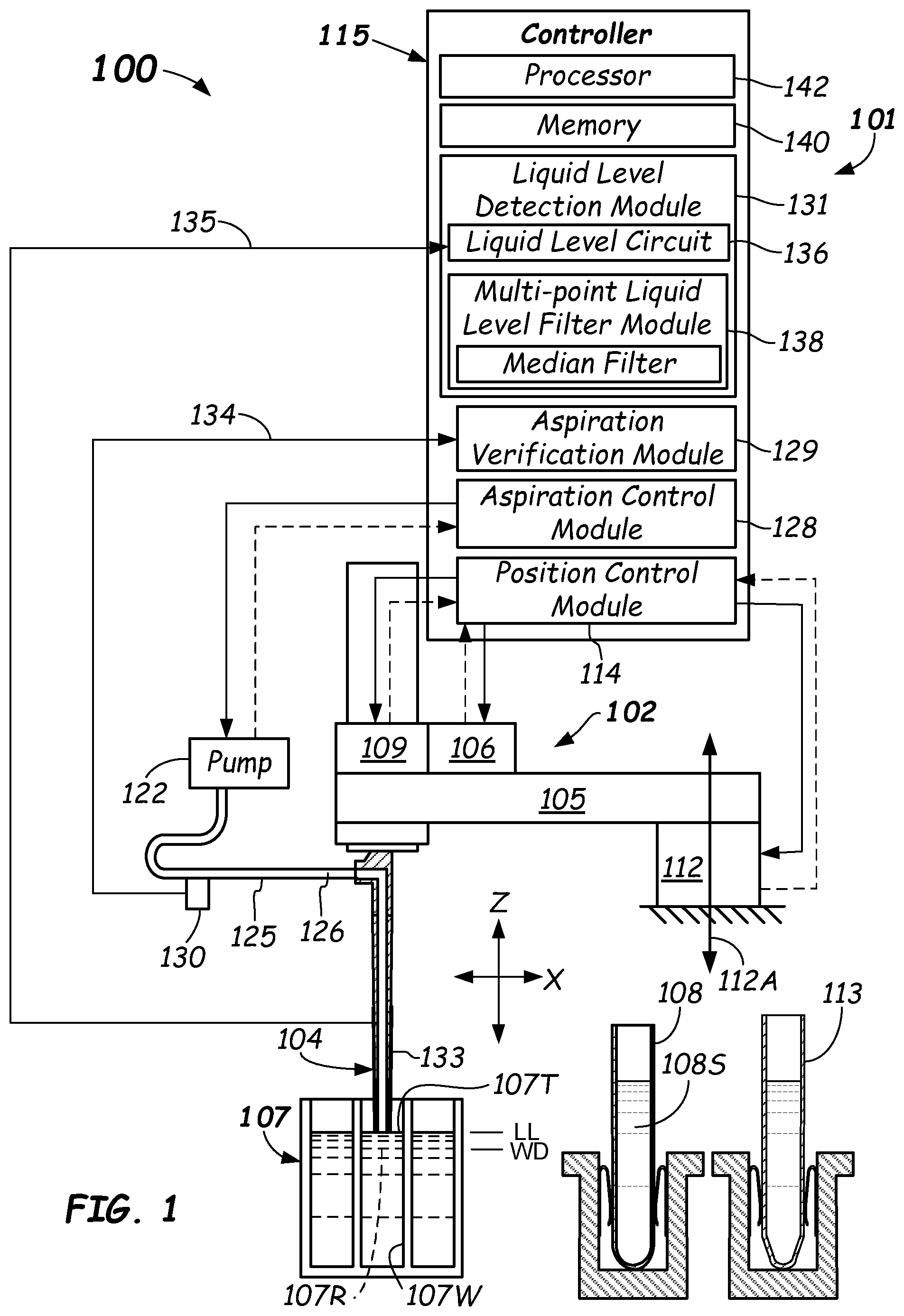 Patent US11815523 — Multi-point filtering liquid level detection methods and apparatus — Figure 1