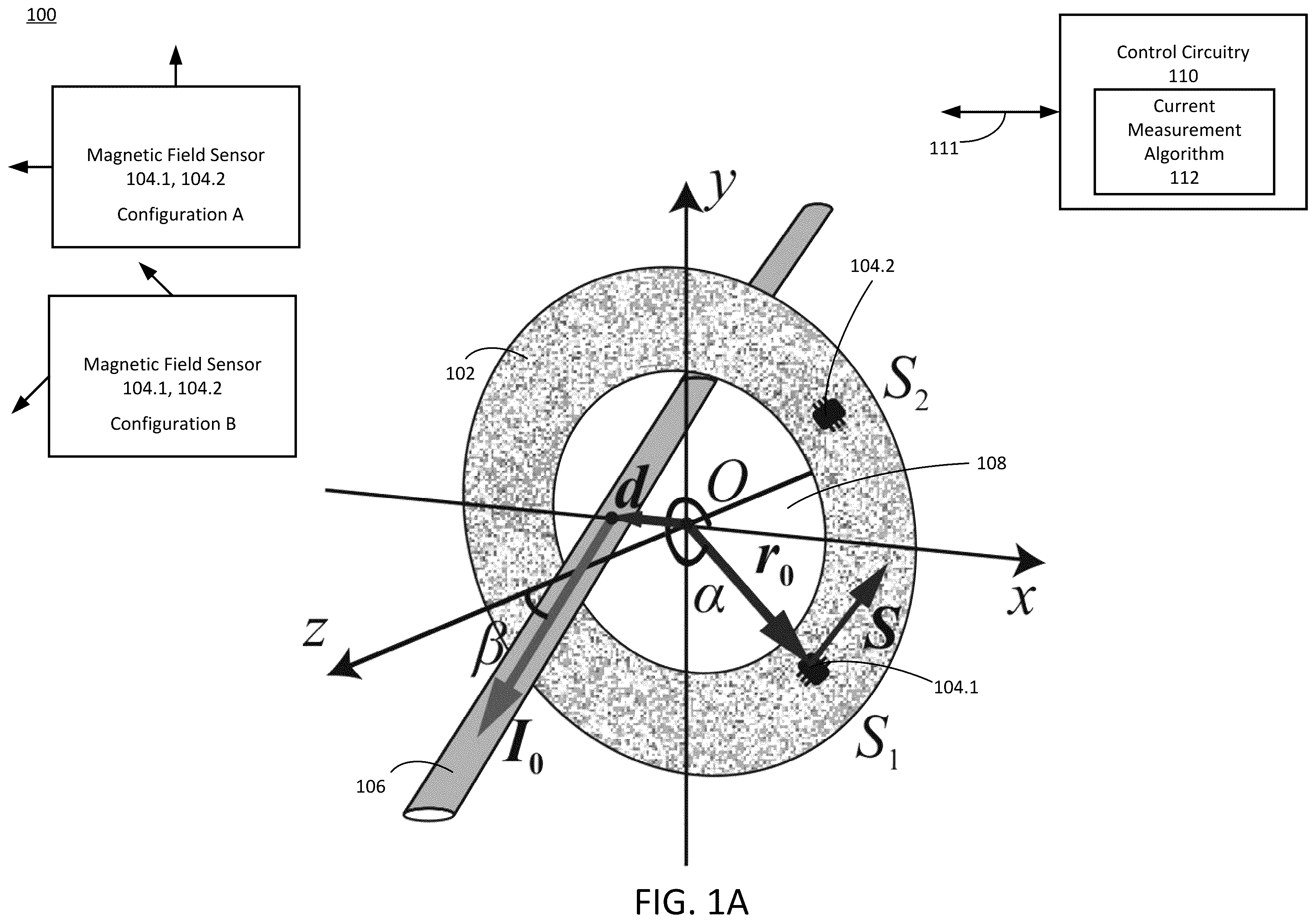 Patent US11815532 — Coreless auto-calibrating current sensor for measuring current in an adjacent wire — Figure 1