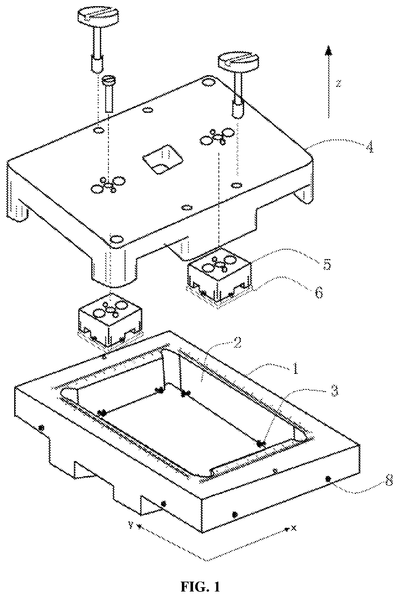 Patent US11815546 — Fixing device and fixing method for fixing chip in two orthogonal directions within horizontal plane and chip tester — Figure 1