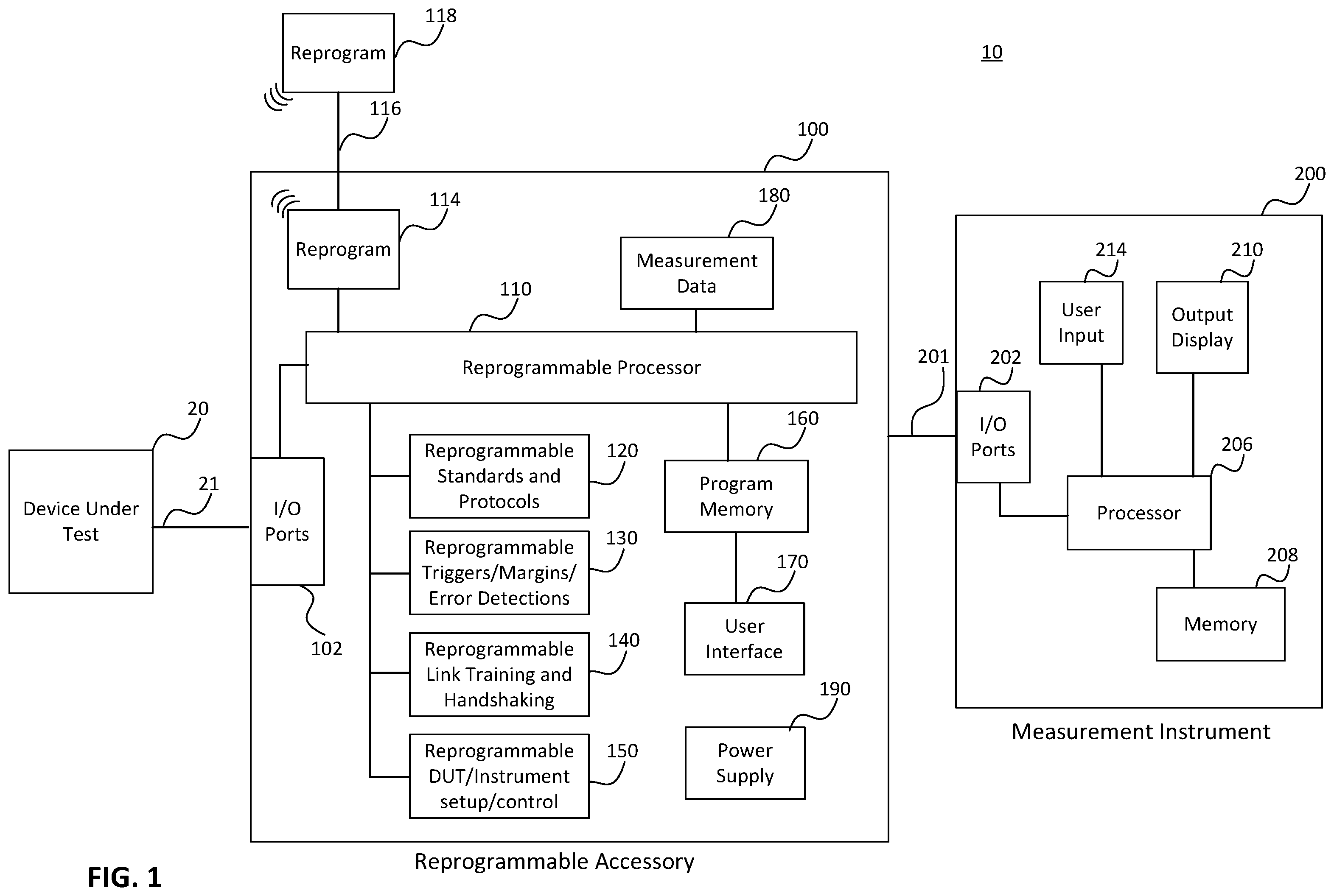 Patent US11815548 — Test and measurement instrument accessory with reconfigurable processing component — Figure 1