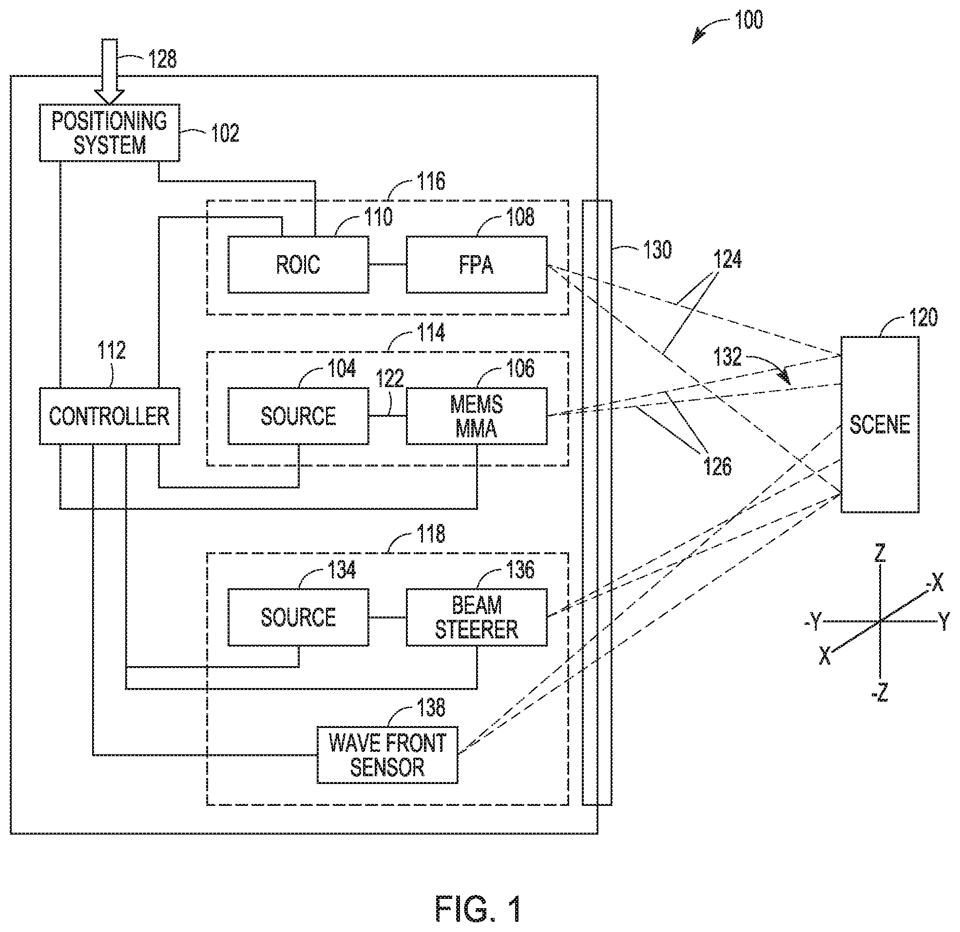 Patent US11815676 — Active pushbroom imaging system using a micro-electro-mechanical system (MEMS) micro-mirror array (MMA) — Figure 1
