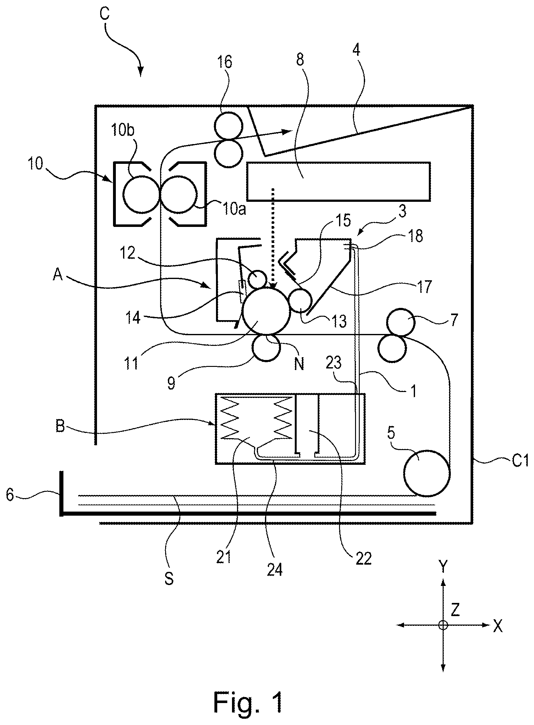 Patent US11815830 — Toner cartridge having a variable volume pump and a feeding path from the pump portion to a discharge opening — Figure 1