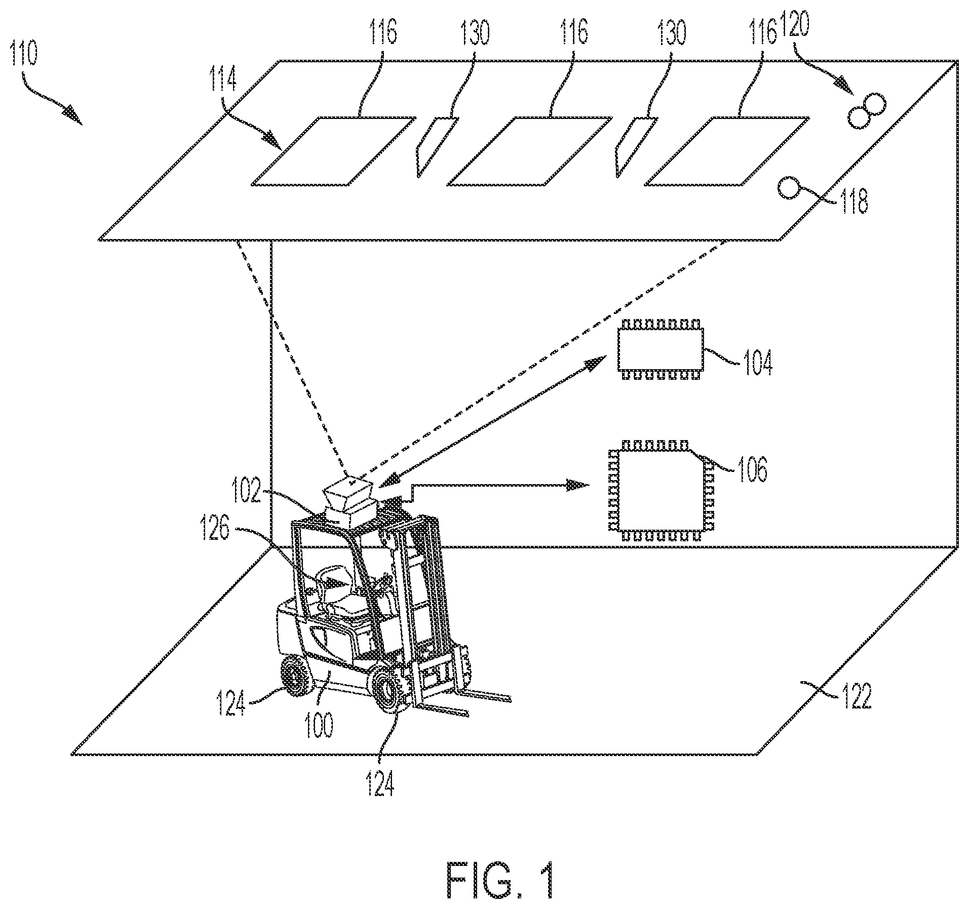 Patent US11815905 — Systems and methods for optical target based indoor vehicle navigation — Figure 1