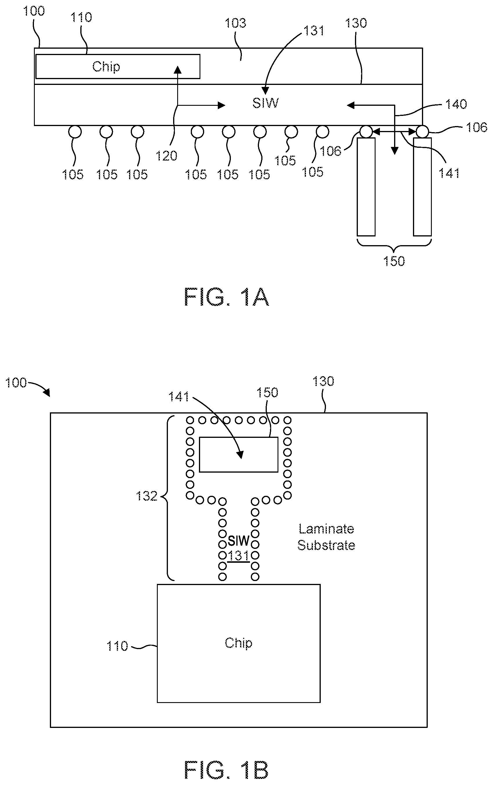 Patent US11824019 — Chip package with substrate integrated waveguide and waveguide interface — Figure 1