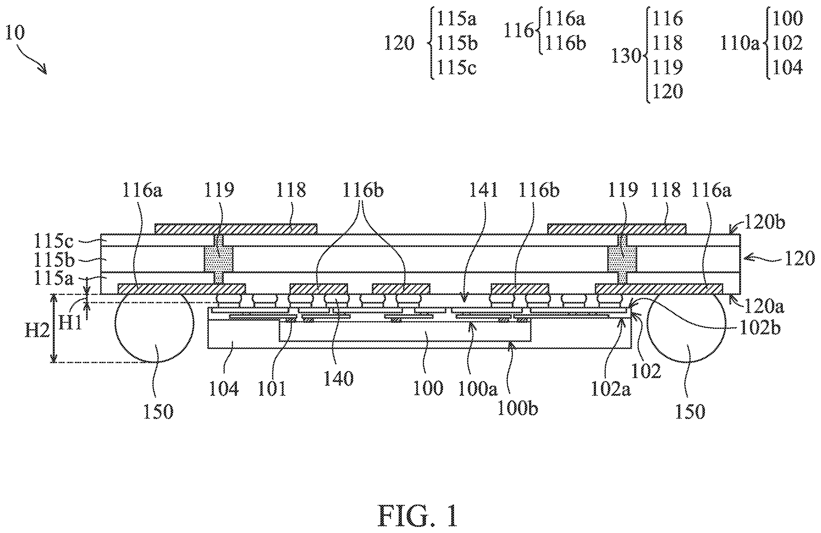 Patent US11824020 — Semiconductor package structure including antenna — Figure 1
