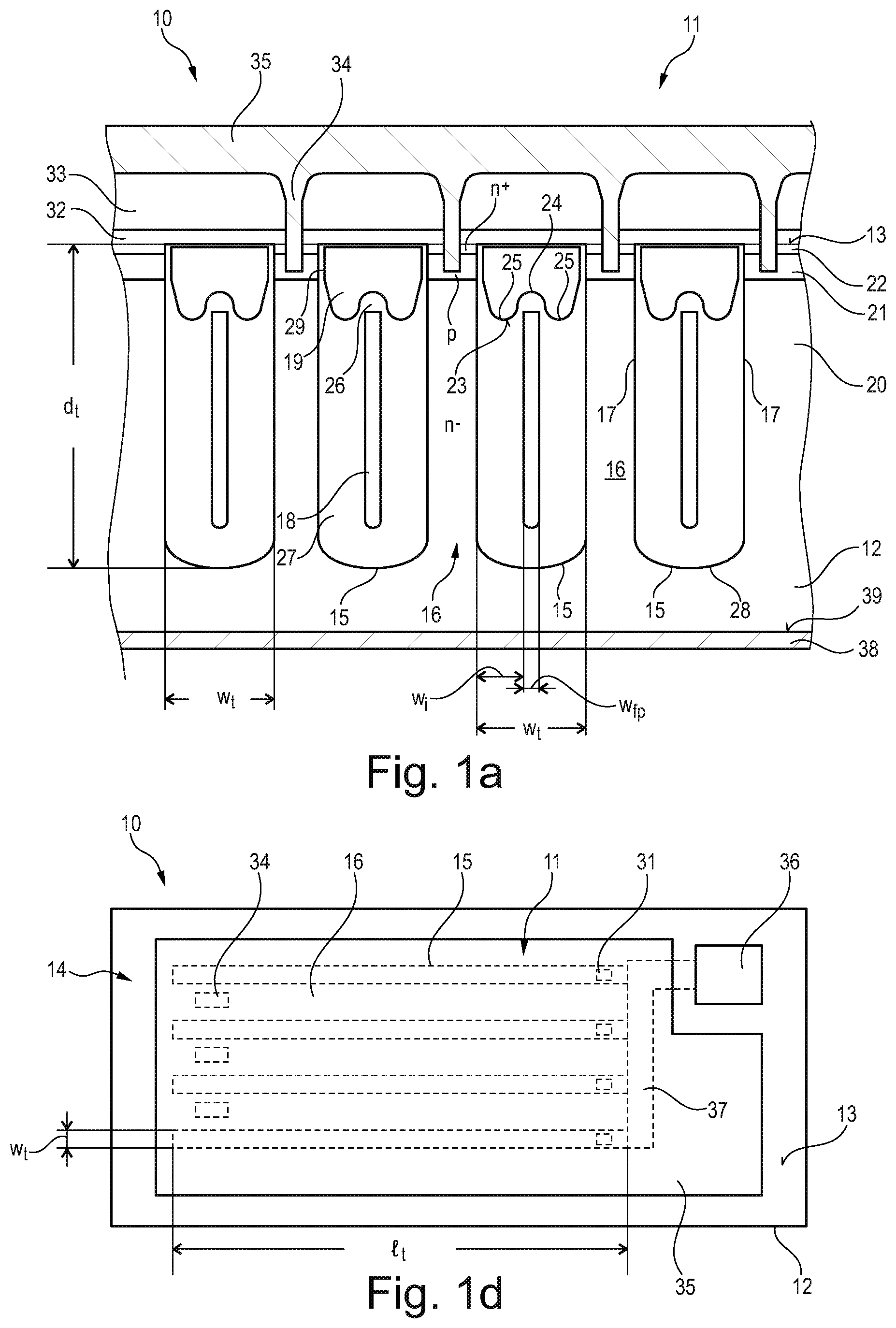 Patent US11824114 Figure 1 – Transistor device having a field plate in an elongate active trench
