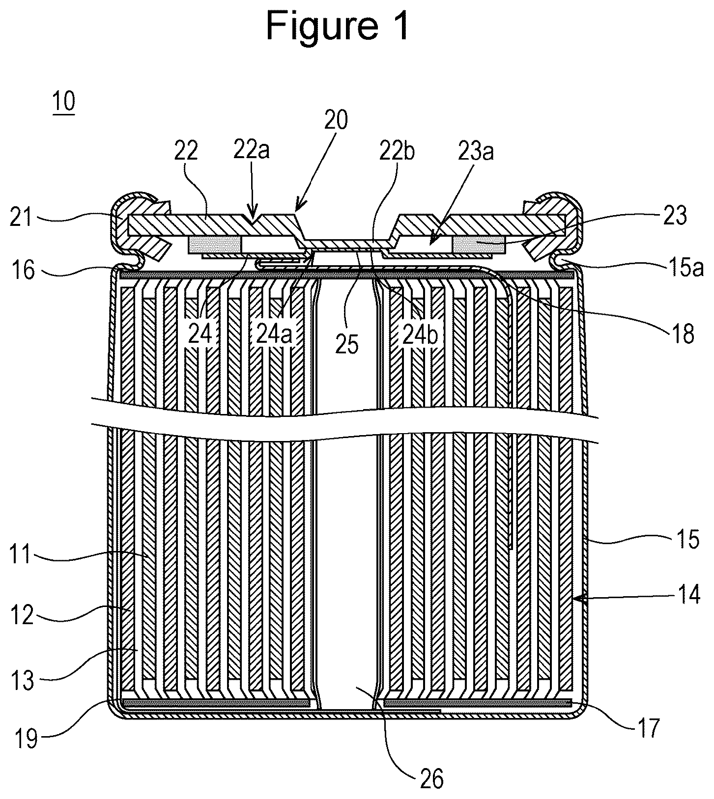 Patent US11824223 — Cylindrical sealed battery and battery pack — Figure 1