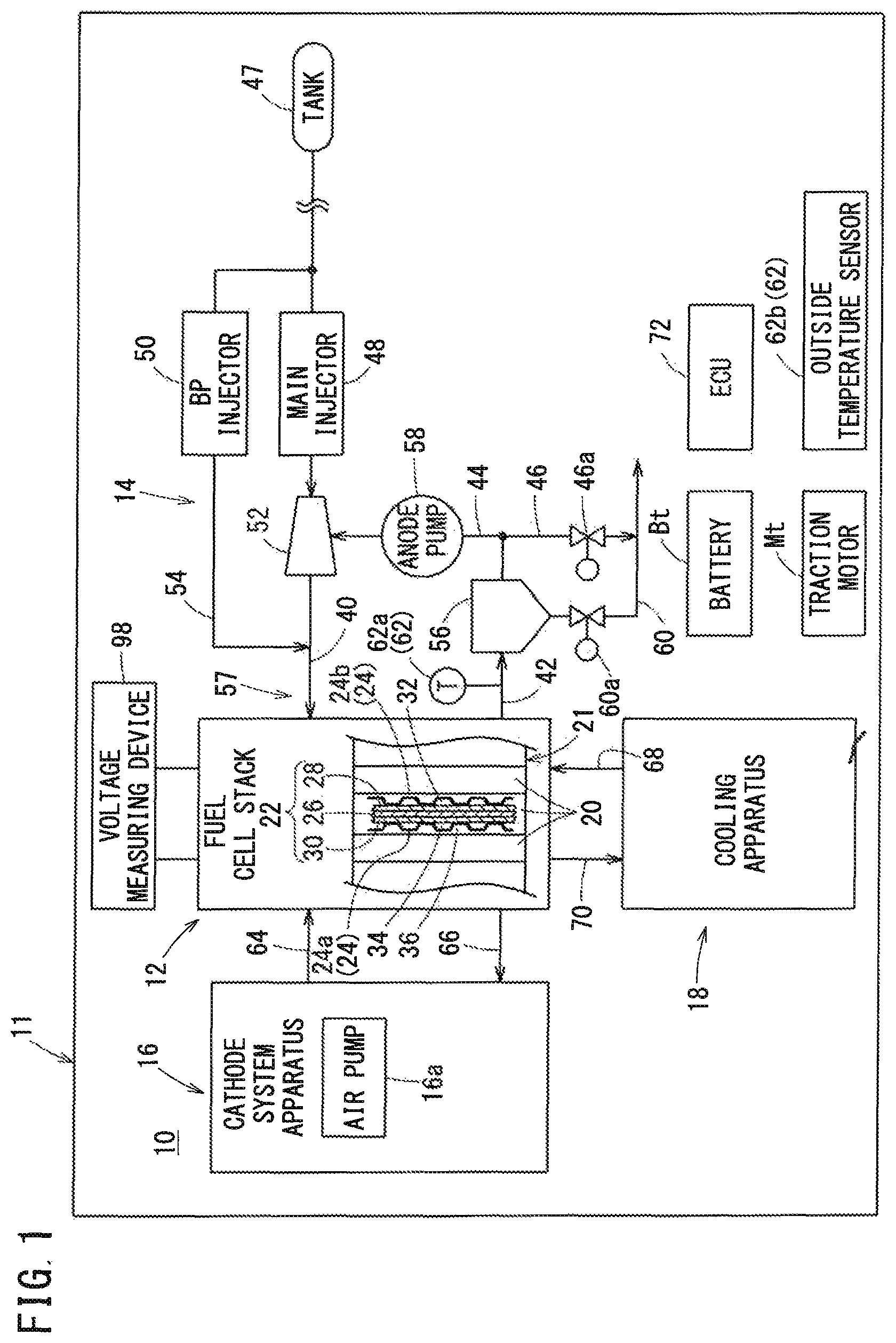 Patent US11824237 — Fuel cell system and method of operating the fuel cell system at low temperature — Figure 1