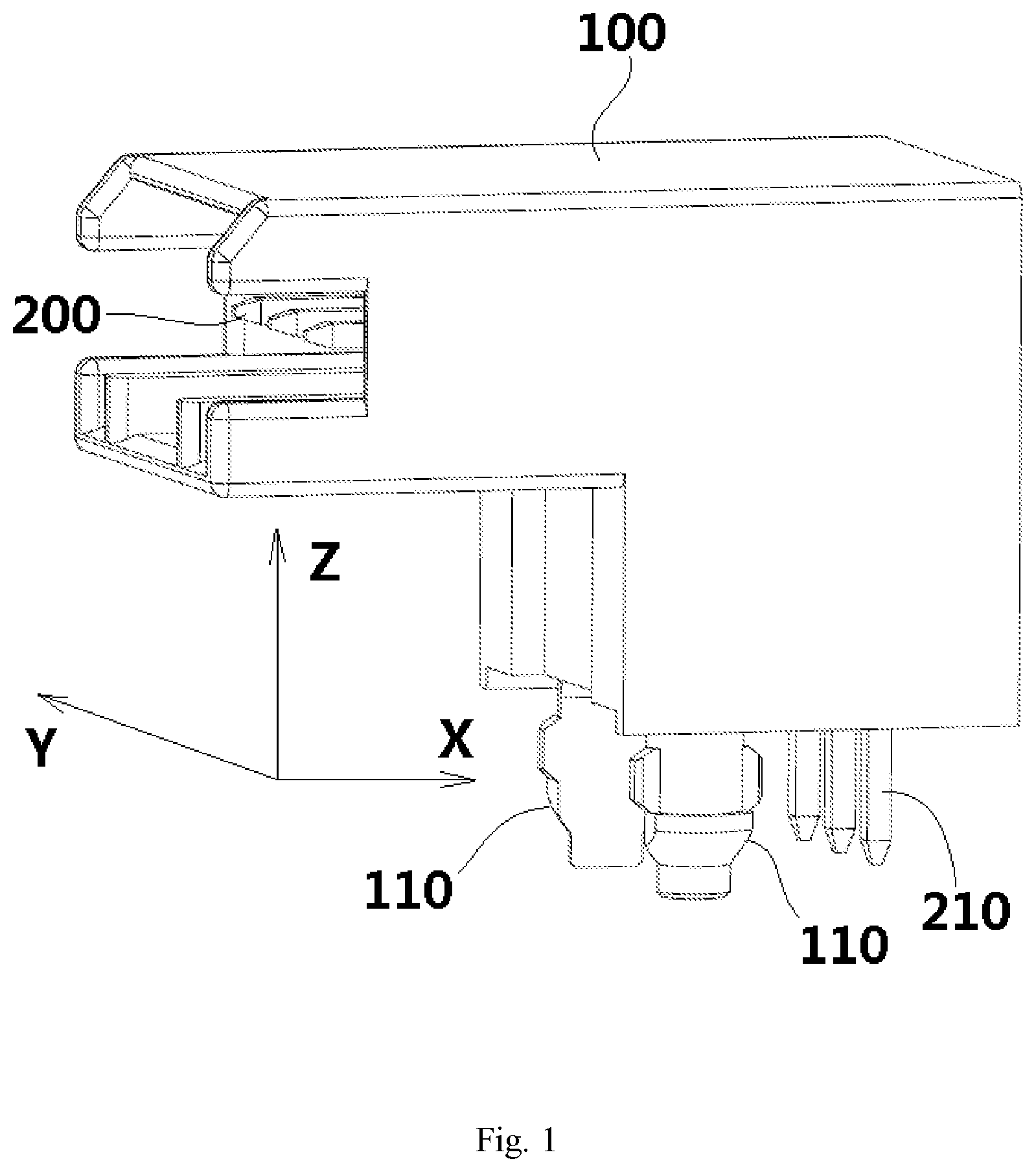 Patent US11824290 — Connector housing legs that attach the connector to a circuit board — Figure 1