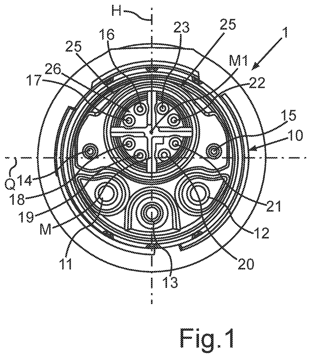 Patent US11824295 — Electrical plug with a specific pin arrangement comprising eight data transmission contacts for gigabit application — Figure 1