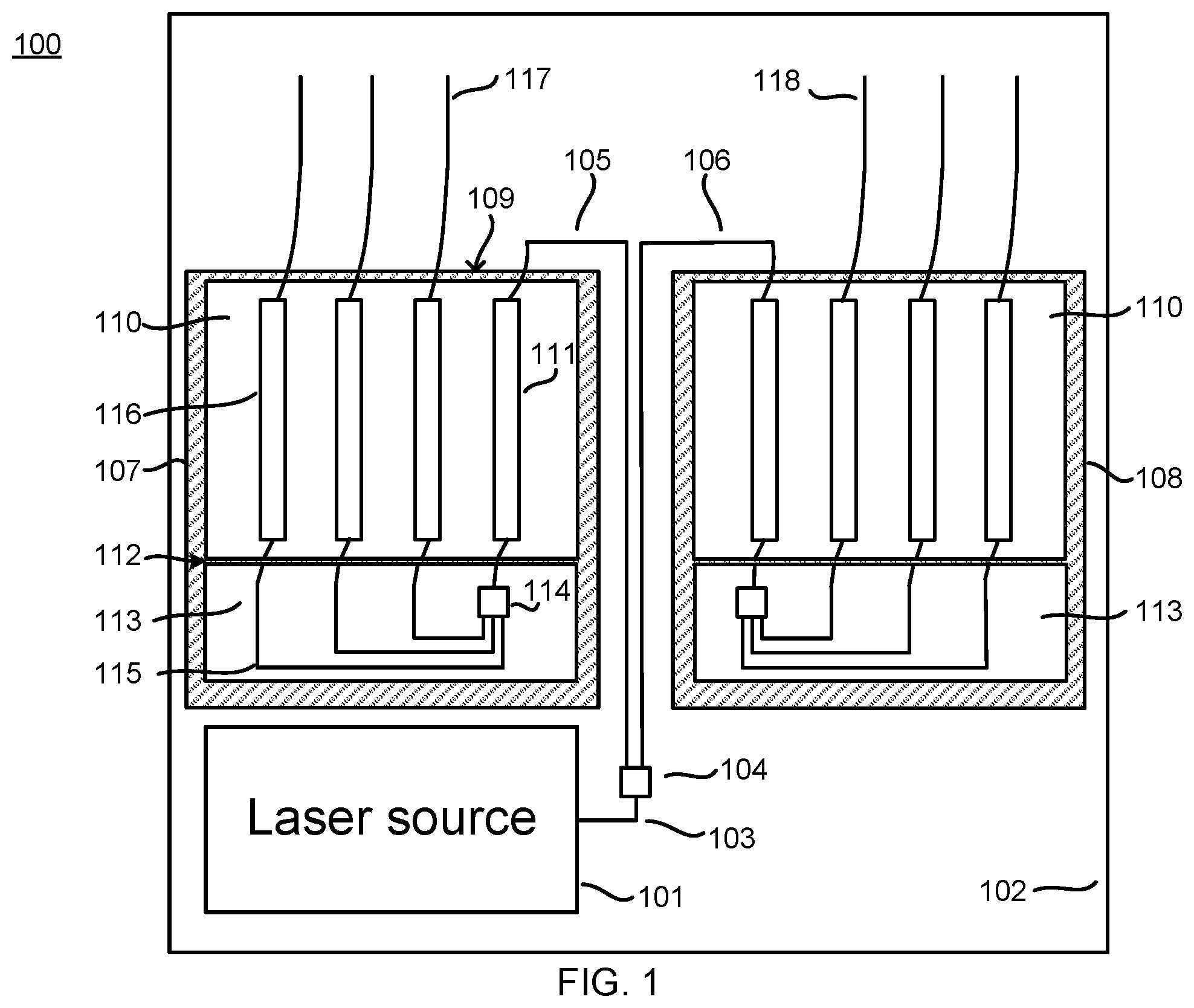Patent US11824327 — Silicon-assisted packaging of high power integrated SOA array — Figure 1