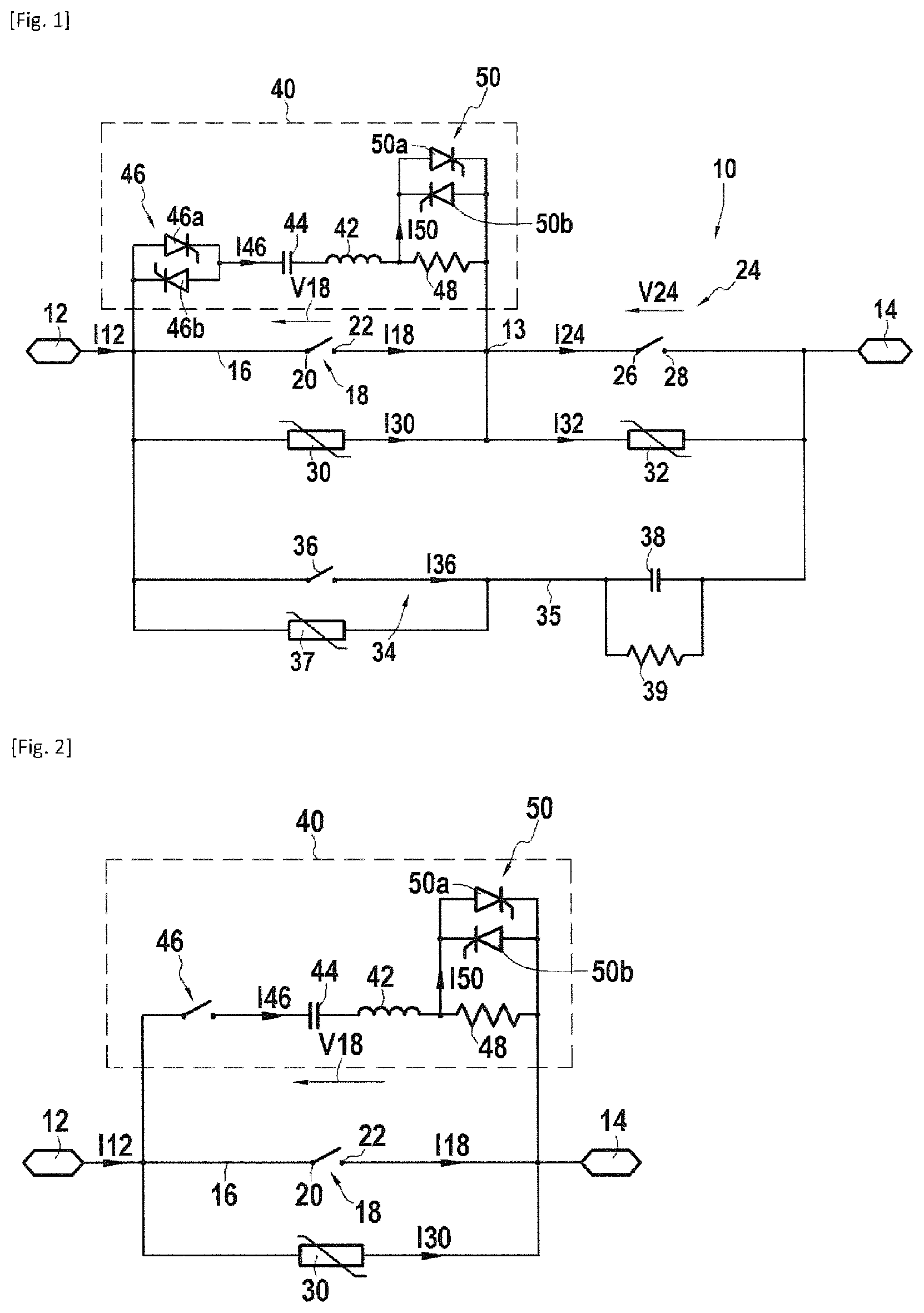 Patent US11824346 — Current cut-off device for high-voltage direct current with adaptive oscillatory circuit, and control method — Figure 1