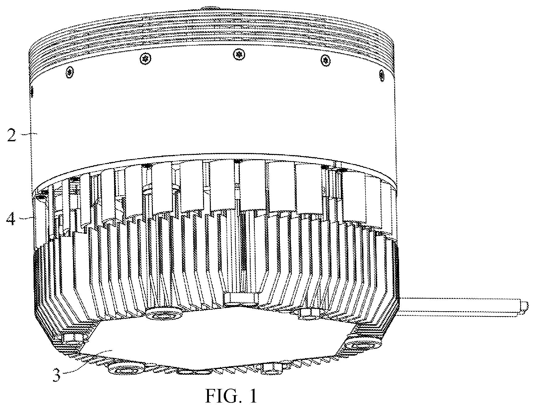 Patent US11824404 — Motor with outer rotor having exhaust plates — Figure 1