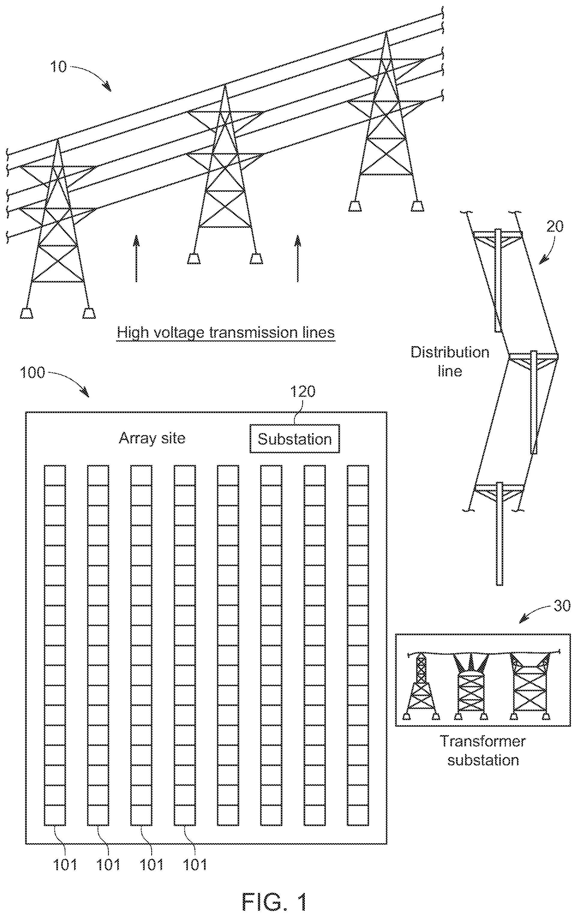 Patent US11824480 — Systems and methods for constructing solar power plants with electrified equipment — Figure 1