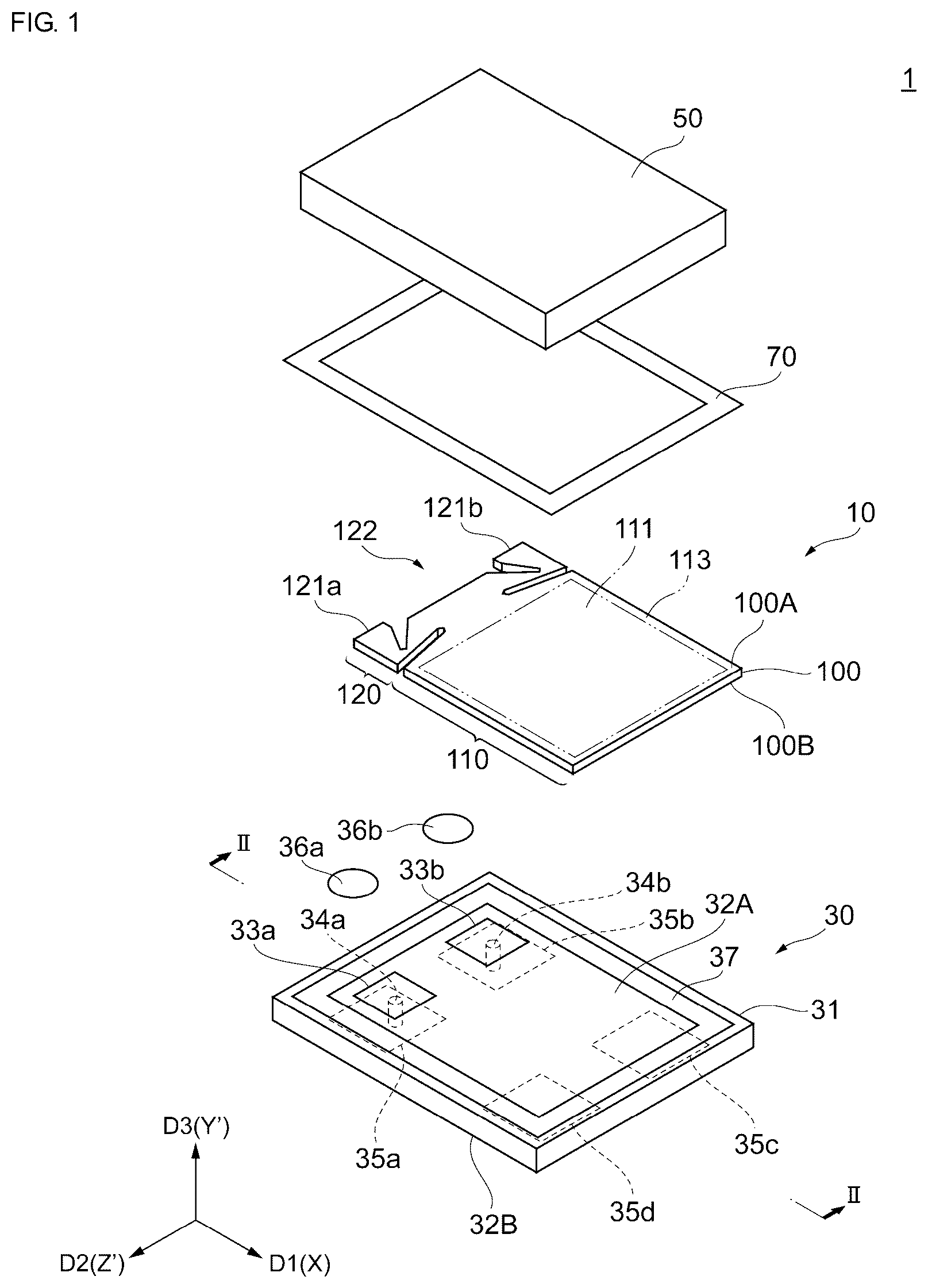 Patent US11824521 — Vibration substrate having a pair of holding portions and a beam portion connecting the holding portions, vibrator, and vibrator unit — Figure 1