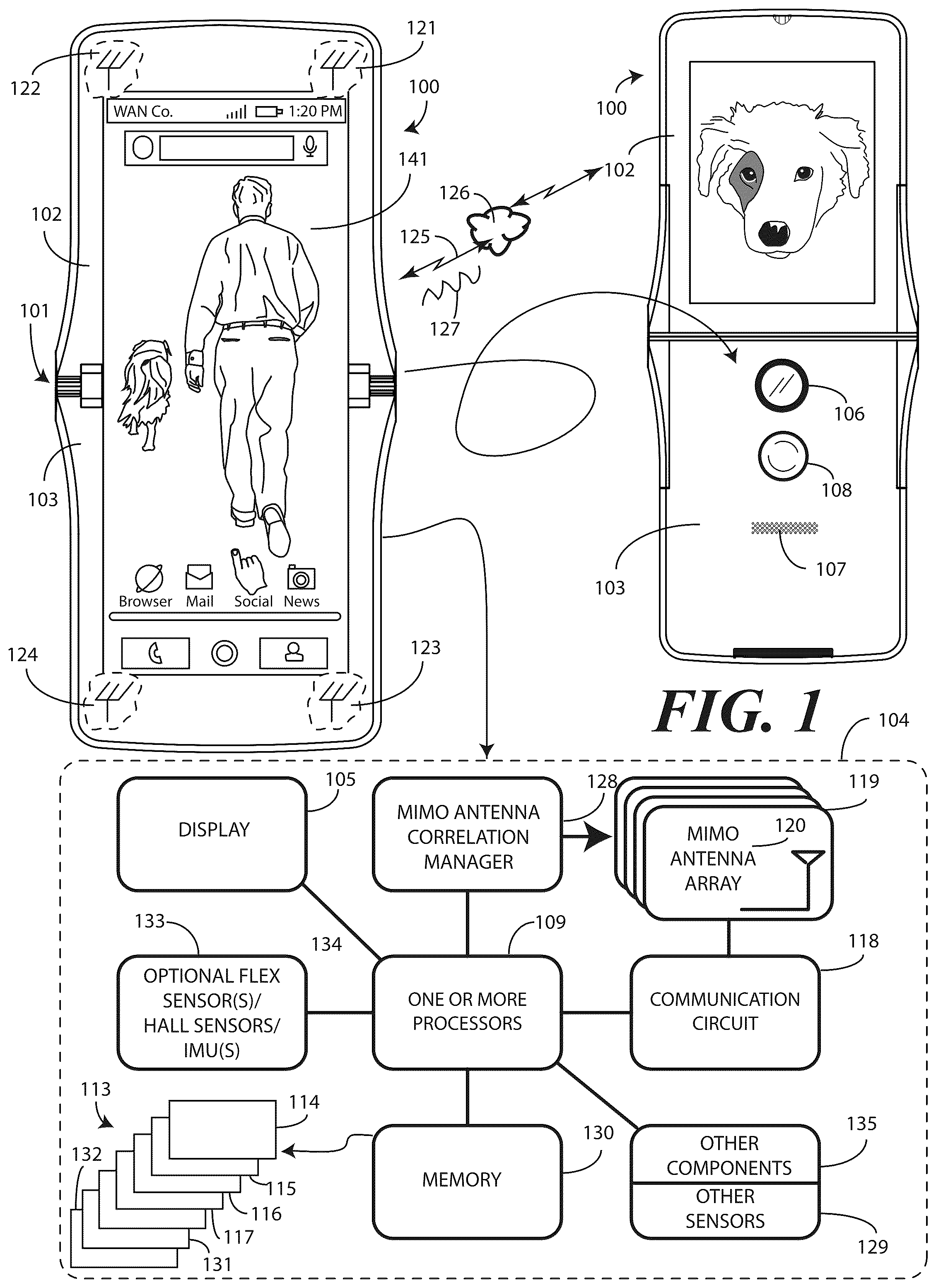 Patent US11824605 — Dynamic selection and usage of MIMO antenna elements in an electronic device as a function of correlation pattern — Figure 1