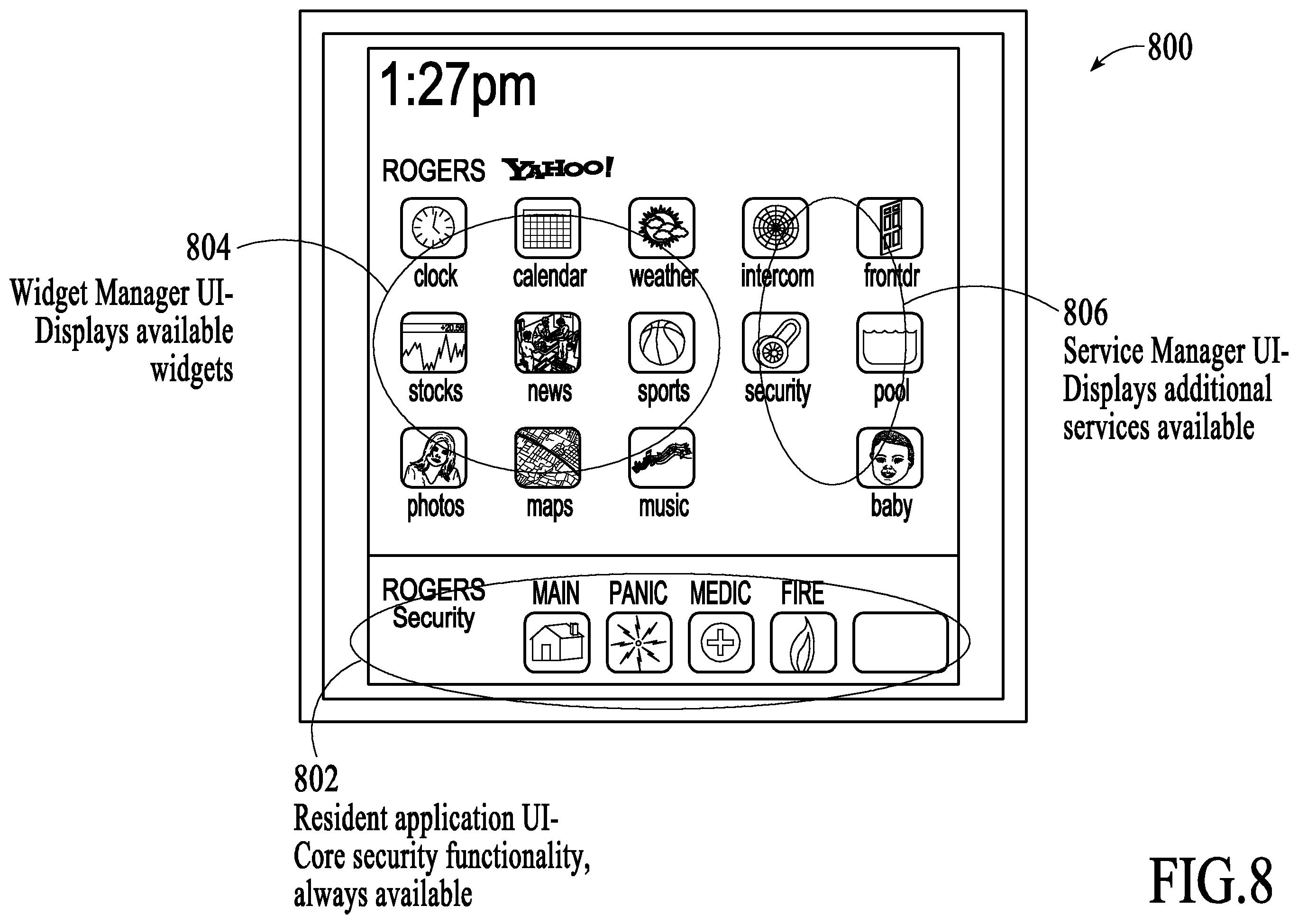 Patent US11824675 Figure 8 – Networked touchscreen with integrated interfaces