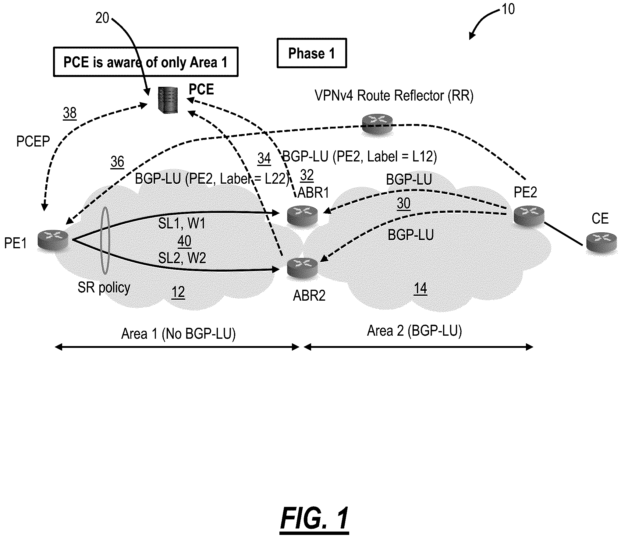Patent US11824769 — Incrementally eliminating BGP-LU using SR policies and PCE — Figure 1