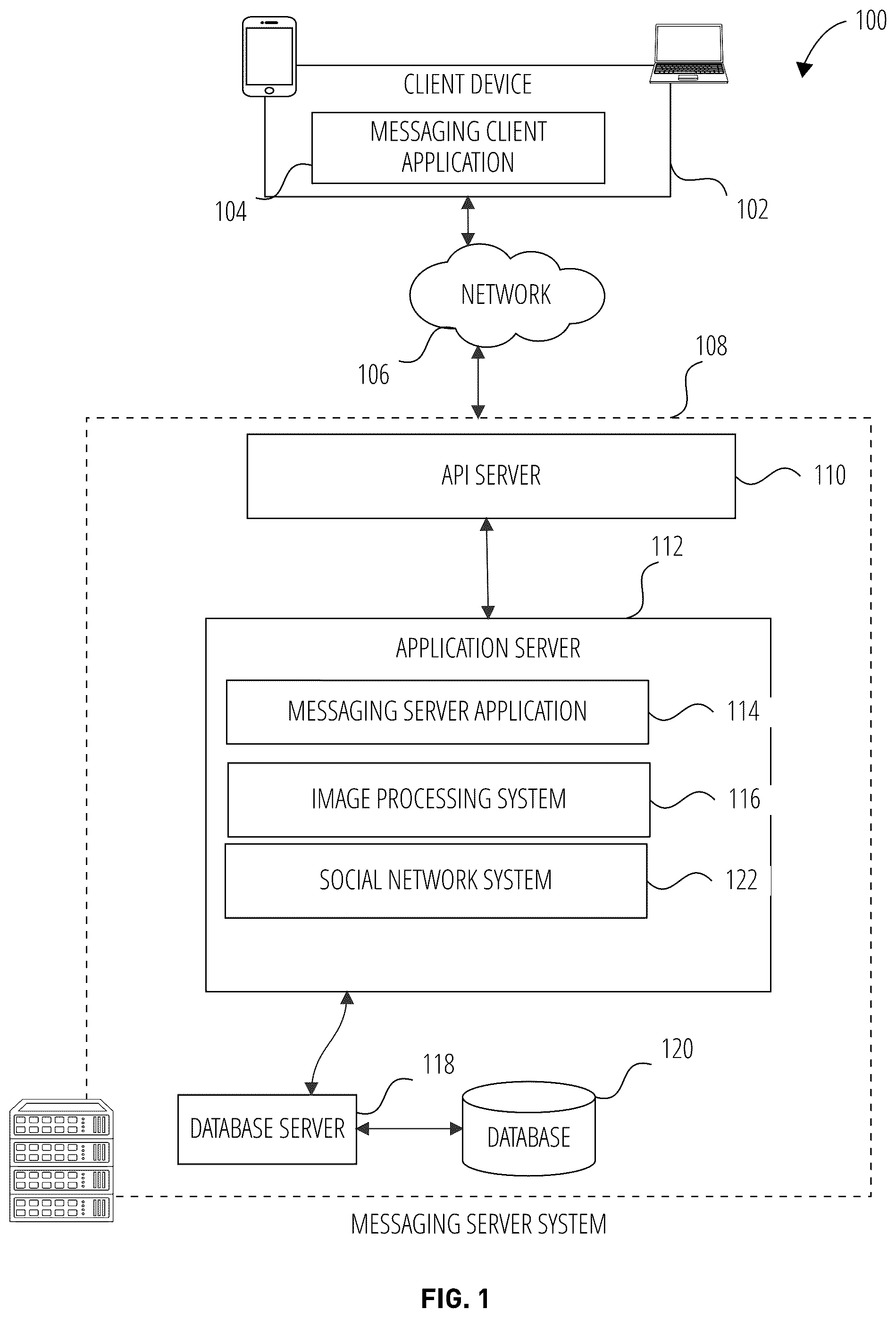 Patent US11824825 — Messaging system with in-application notifications — Figure 1