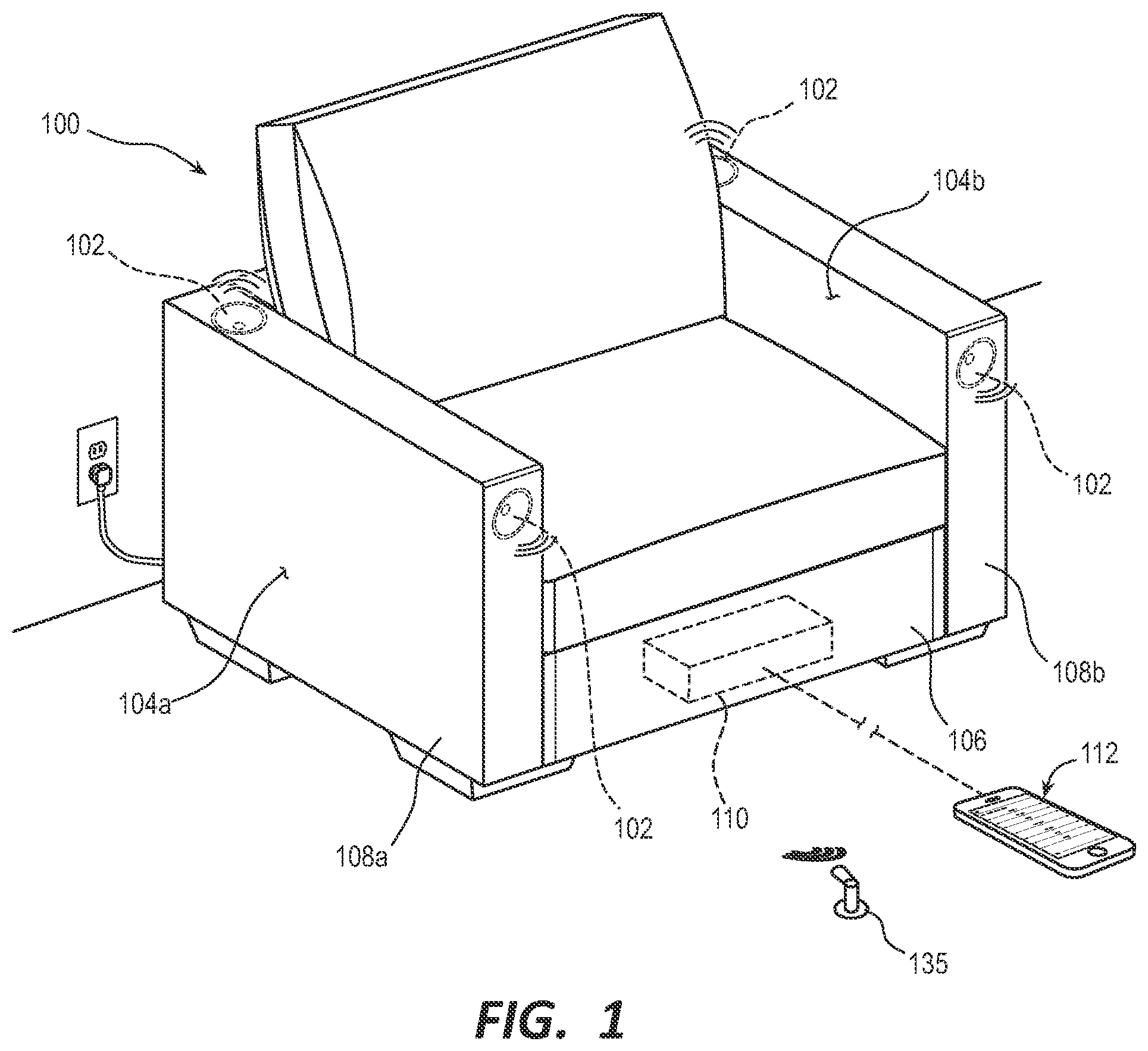 Patent US11832039 — Tuning calibration technology for systems and methods for acoustically correcting sound loss through fabric — Figure 1