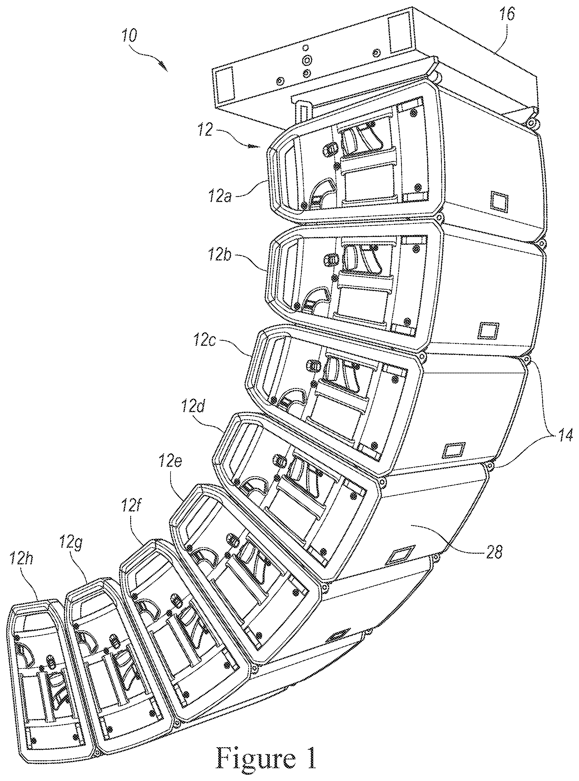 Patent US11832040 Figure 1 – Speaker array with adjustable hanging system