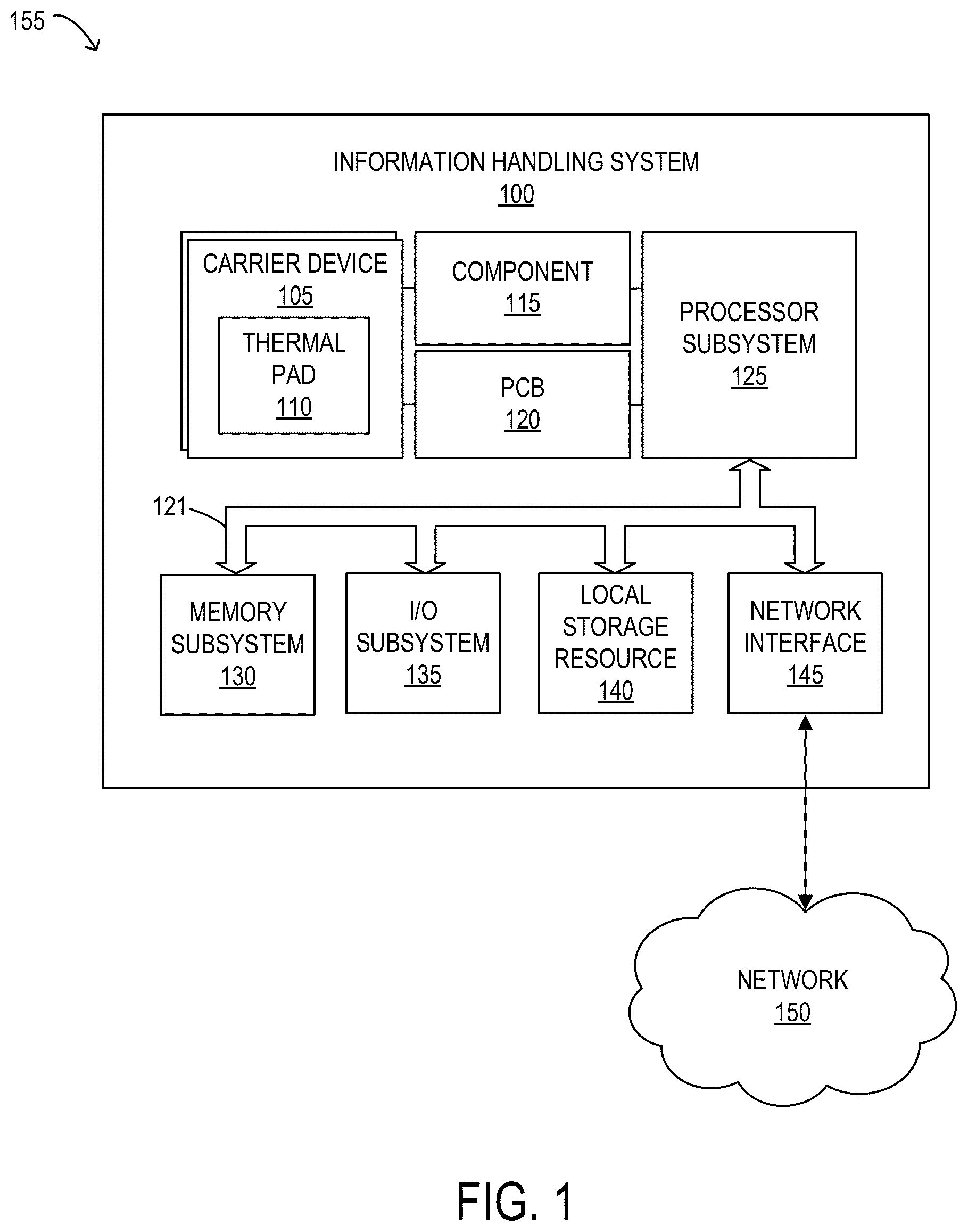 Patent US11832378 — Carrier device for a thermal pad of an information handling system — Figure 1