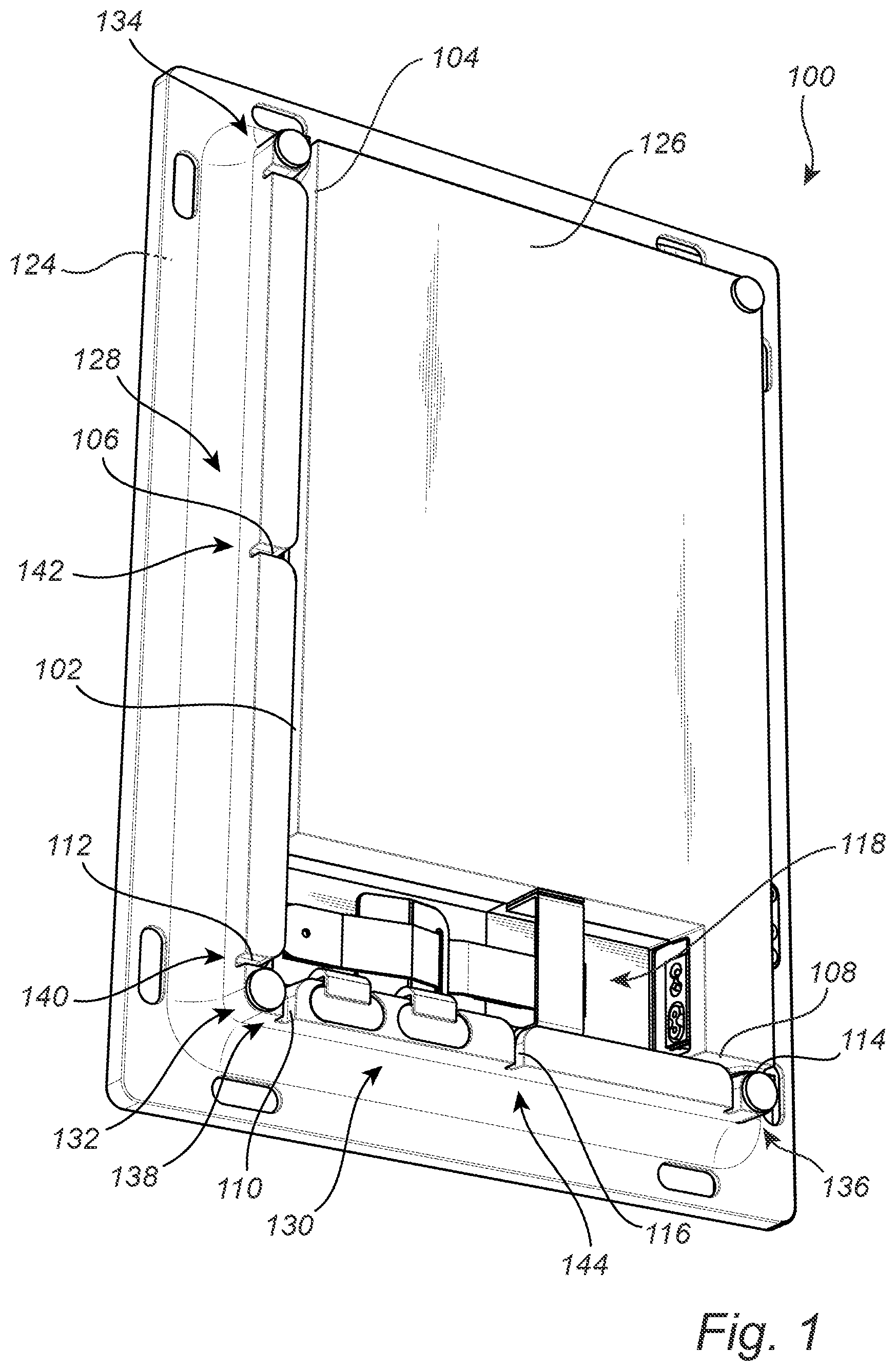 Patent US11832408 — Panel-shaped electronic device with intersecting cable channels on the back side — Figure 1