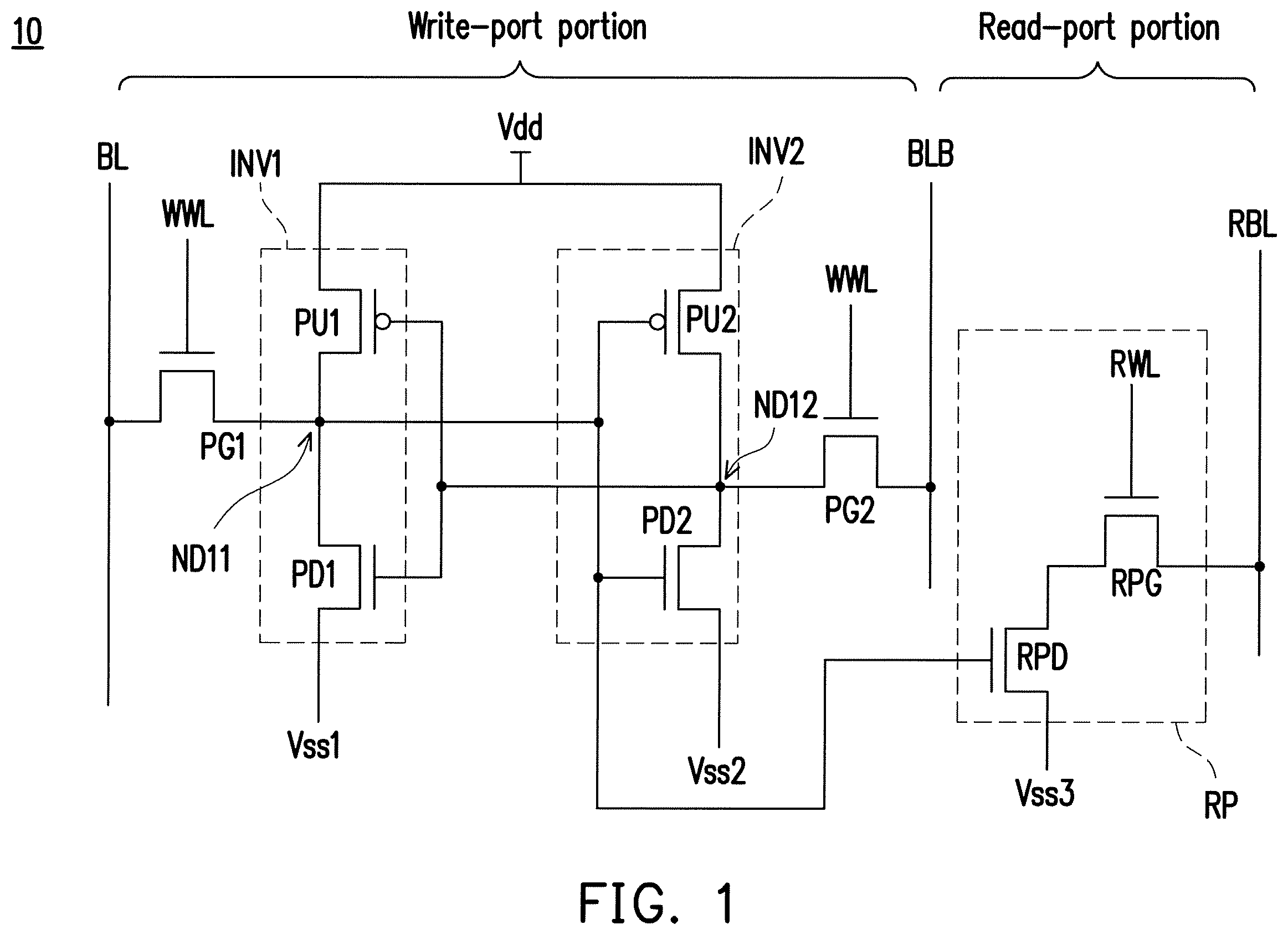 Patent US11832429 — Eight-transistor static random access memory, layout thereof, and method for manufacturing the same — Figure 1