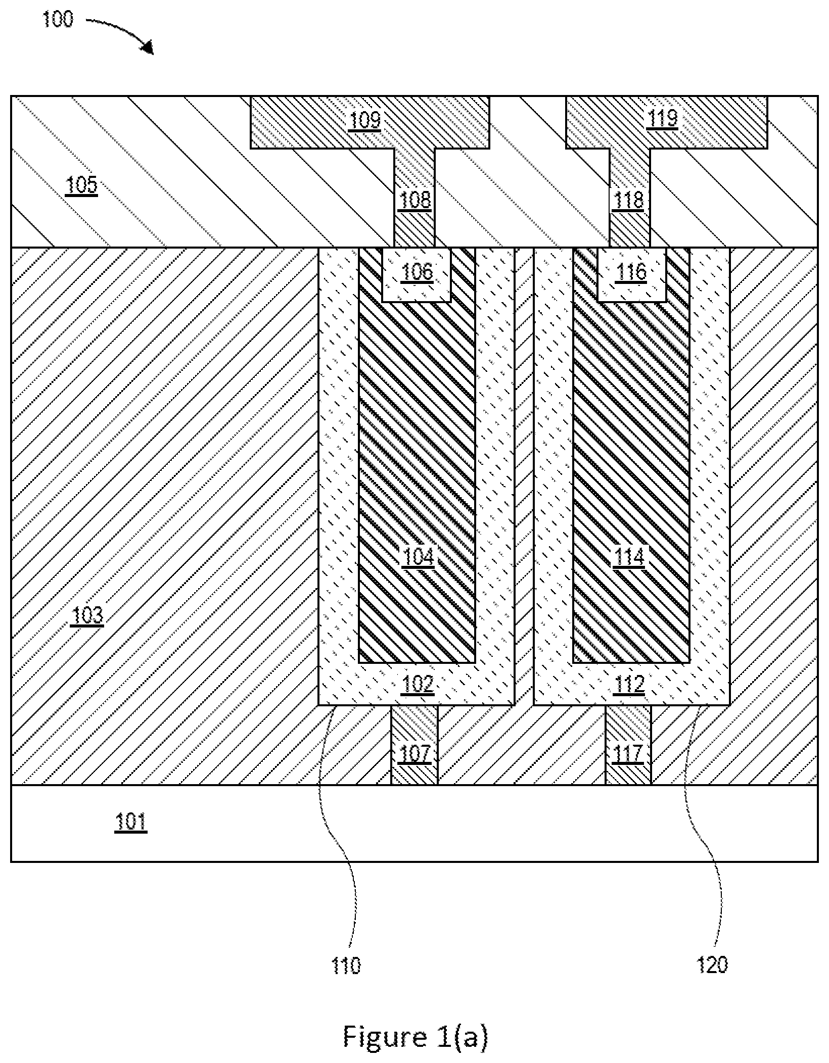 Patent US11832438 — Capacitor connections in dielectric layers — Figure 1