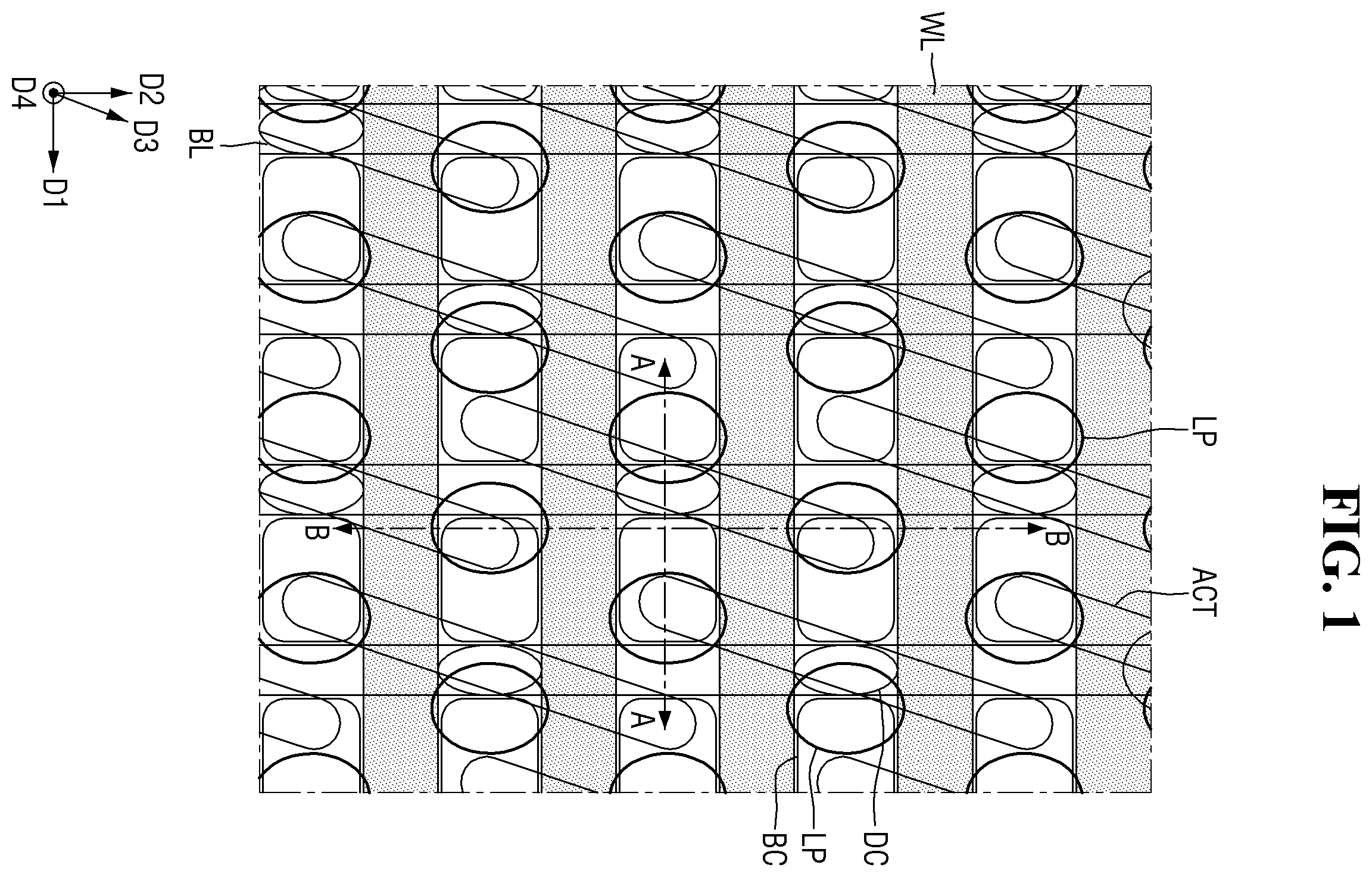 Patent US11832442 — Semiconductor memory device with buried contacts and a fence — Figure 1