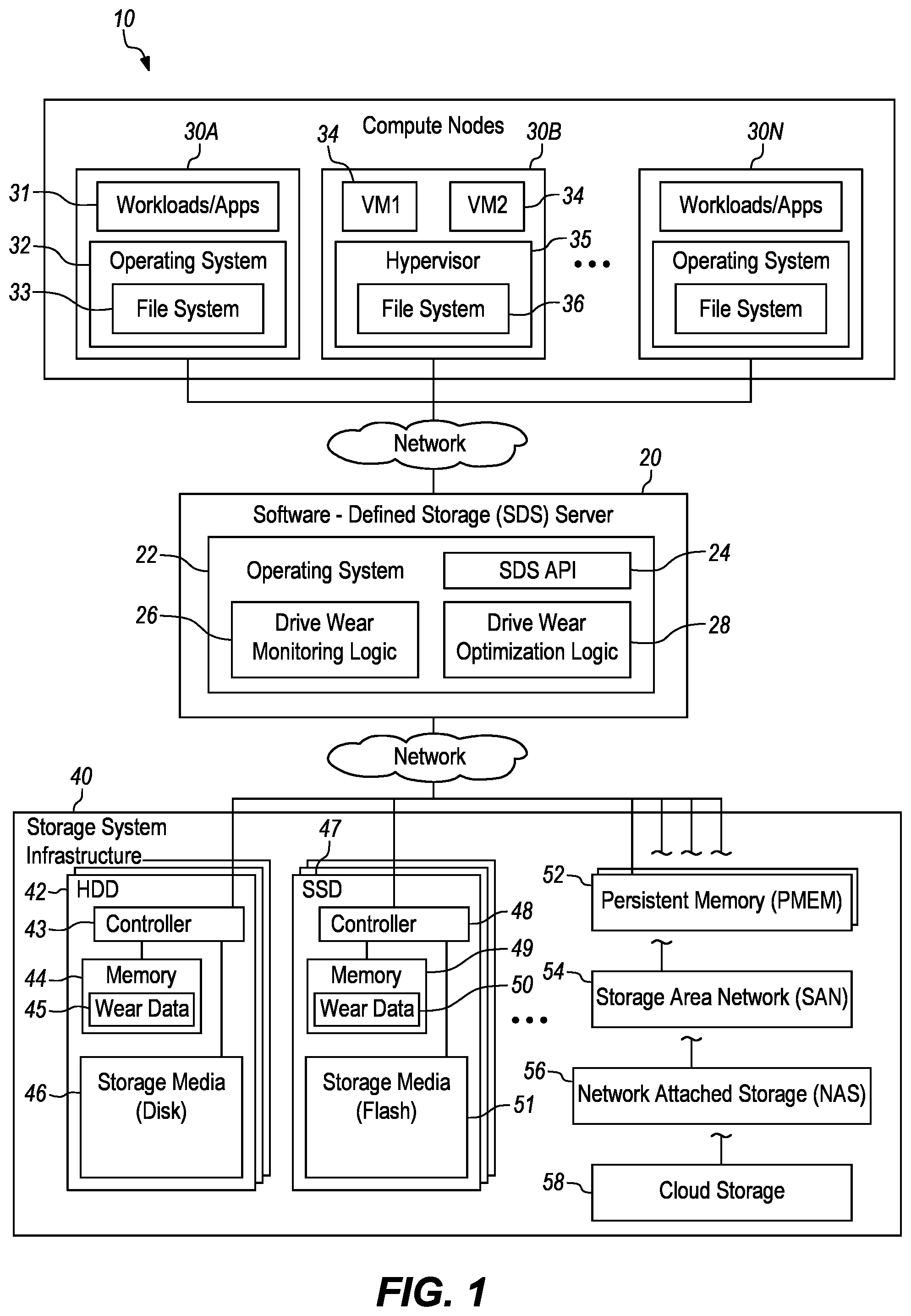 Patent US11836351 — Causing a storage device to switch storage tiers based on a wear level — Figure 1